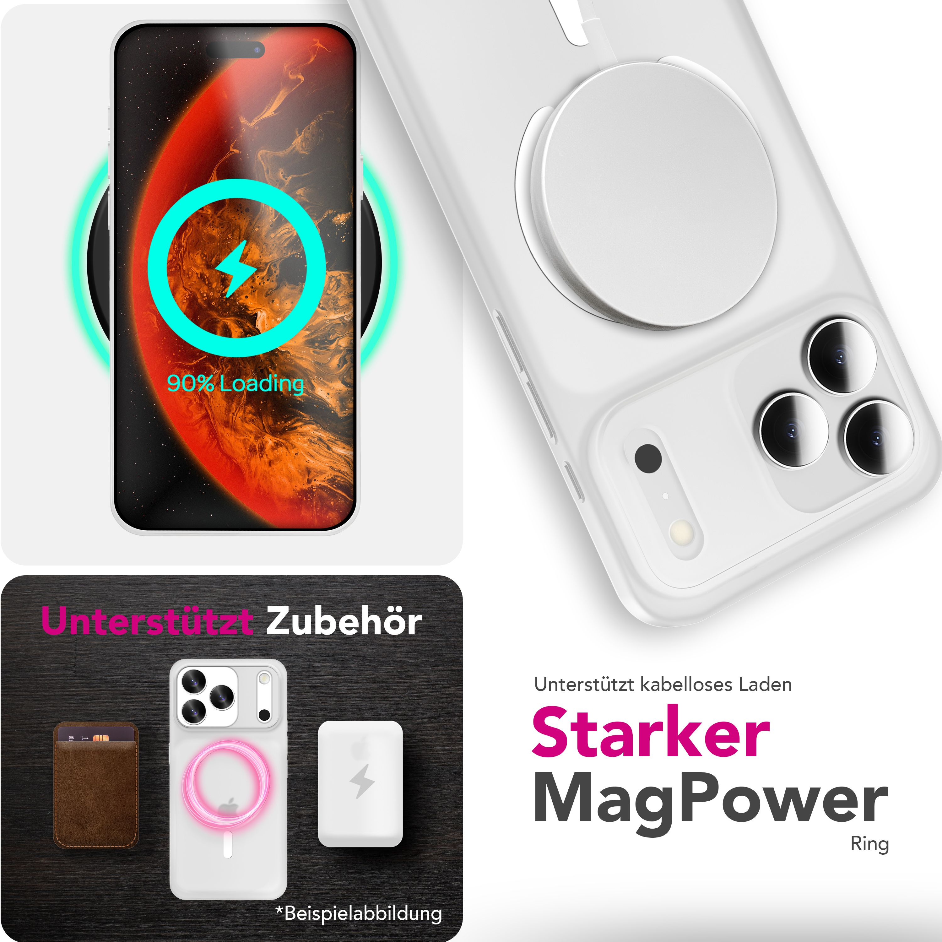 Das Bild zeigt ein kabelloses Aufladen eines Telefons. Zubehörteile sind unten abgebildet, darunter ein Kartenhalter und eine Powerbank.