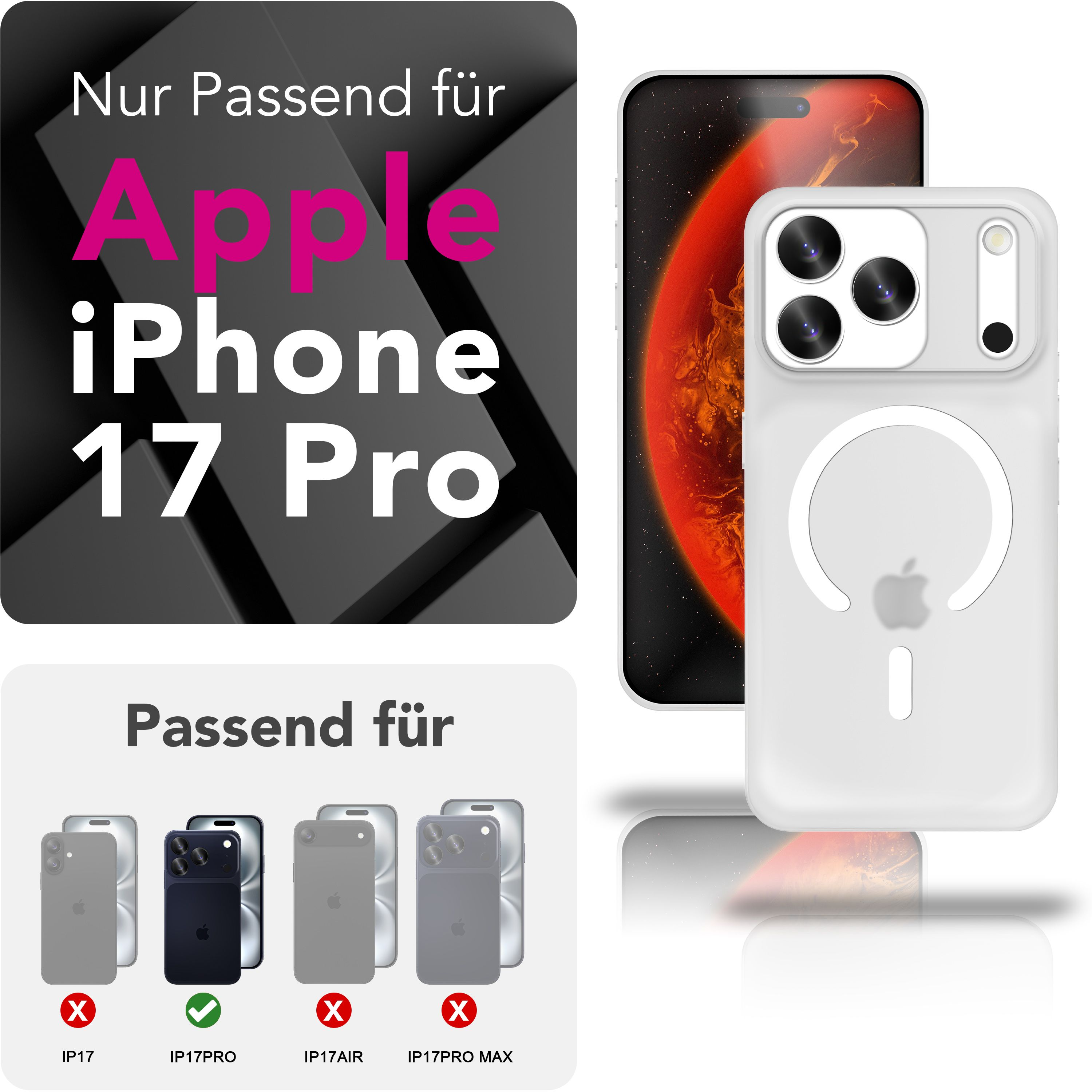 Das Bild zeigt ein Telefon und eine Hülle. Text wirbt für die Kompatibilität mit dem iPhone 17 Pro. Andere Telefonmodelle sind durchgestrichen.