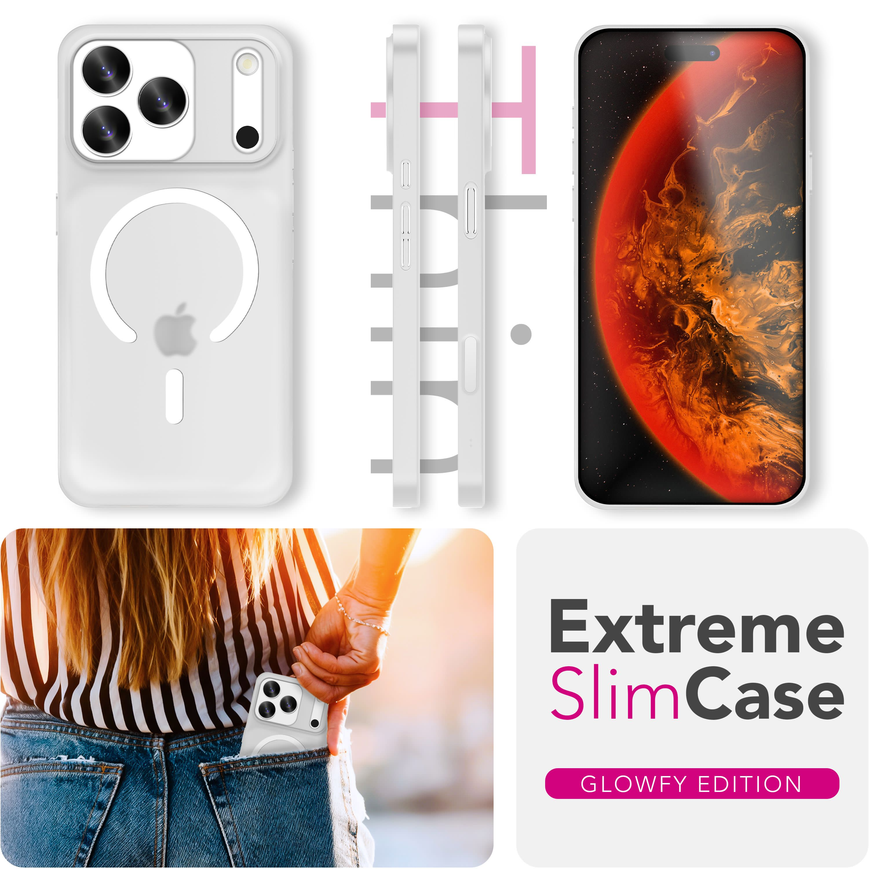 Weiße Handyhülle mit Telefon, Seitenansicht der Hülle, Telefon in der Tasche und Extreme SlimCase Logo.