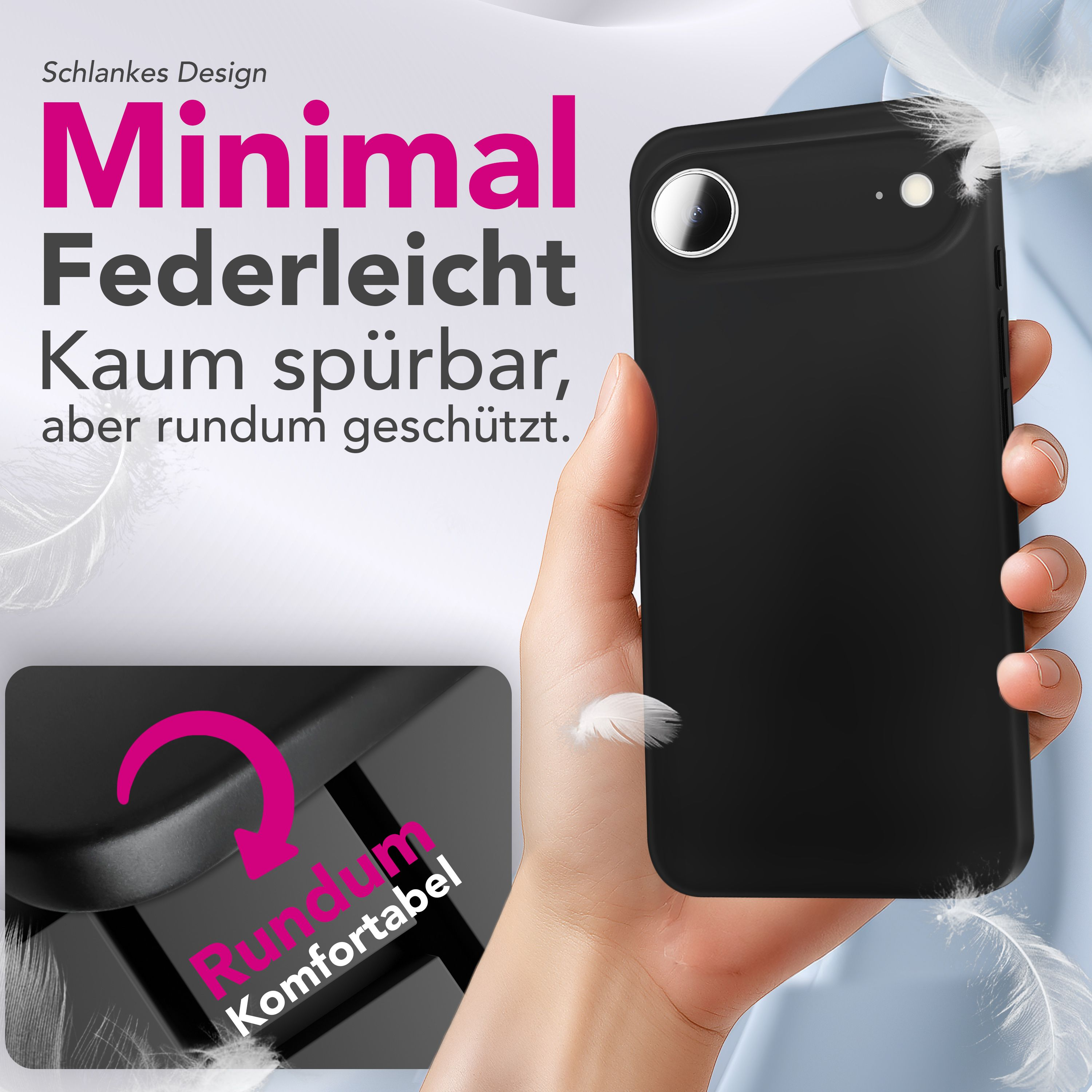 Hand hält eine schwarze Handyhülle. Text: 'Minimal, federleicht, kaum spürbar, aber rundum geschützt'.