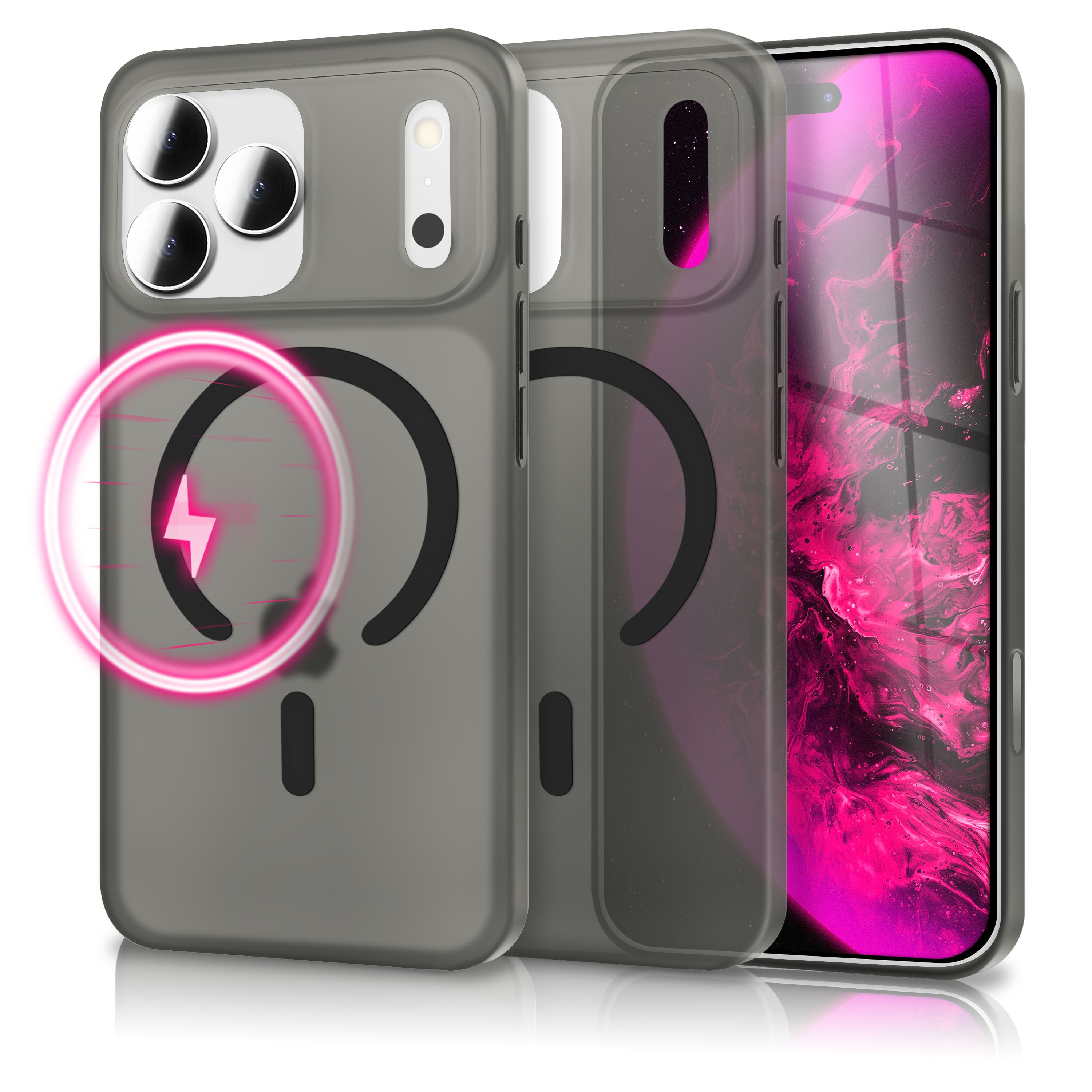 Telefon mit Hülle, drei Kameras, pinkfarbener Bildschirm. Graue Hülle mit schwarzem Design. Pink leuchtendes Stromsymbol.