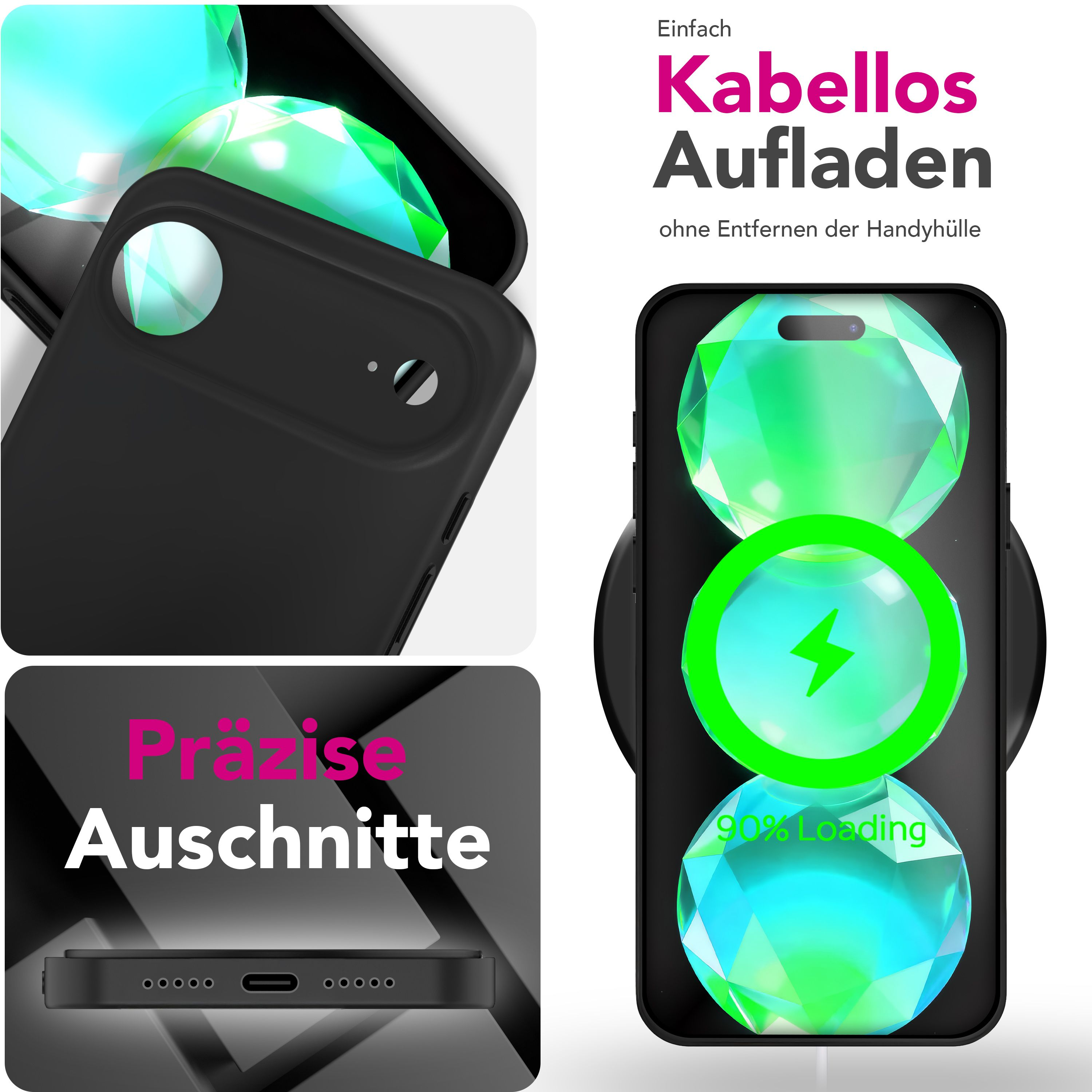 Das Bild zeigt ein Telefon, das drahtlos geladen wird. Das Telefon befindet sich in einer schwarzen Hülle. Der Ladebildschirm zeigt ein grünes Ladesymbol.