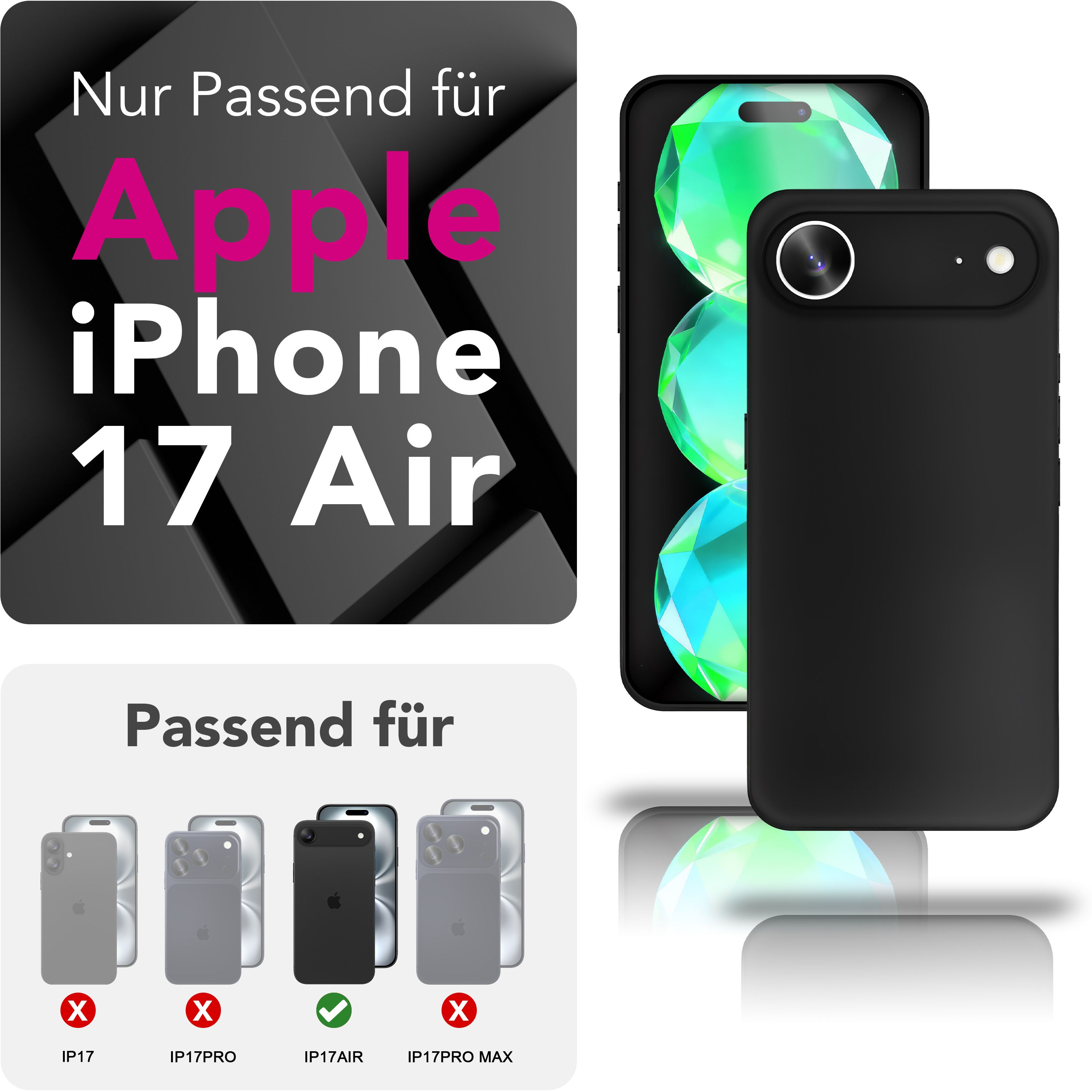 Das Bild zeigt ein iPhone mit schwarzer Hülle. Text weist auf Kompatibilität mit iPhone 17 Air hin. Kompatibilitätssymbole sind vorhanden.