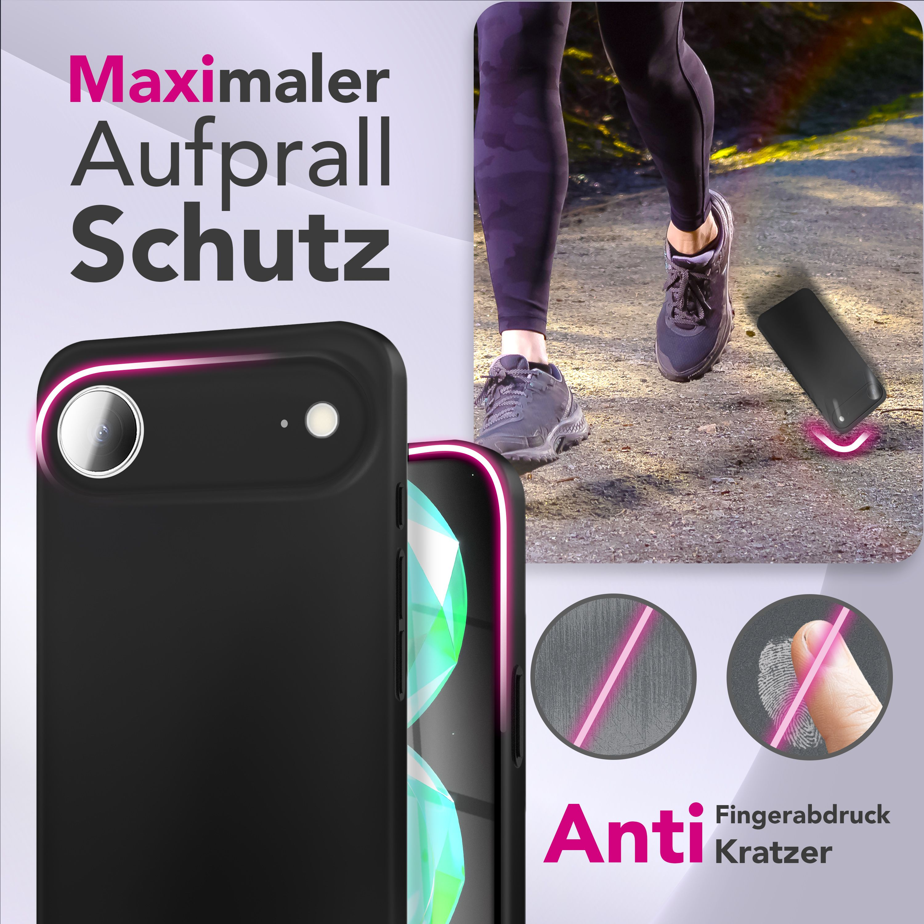 Schwarze Handyhülle, mit Läufer im Hintergrund und Text: Maximaler Aufprall Schutz und Anti Fingerabdruck Kratzer.