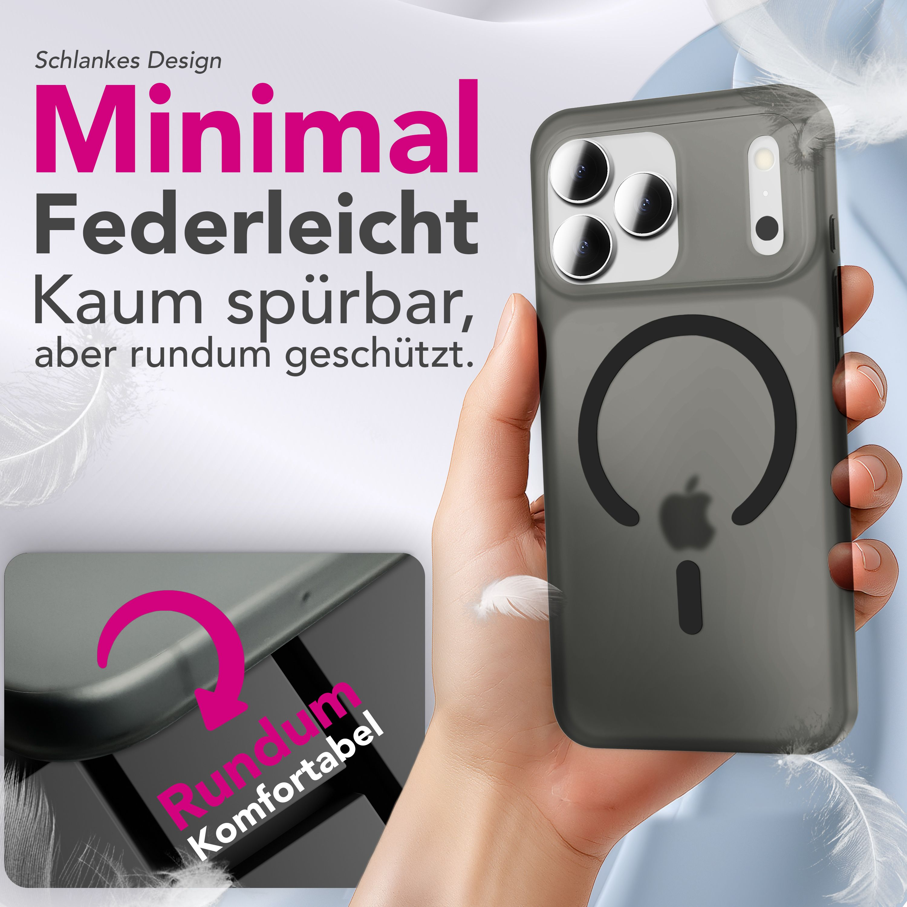Eine Hand hält eine graue Handyhülle. Text sagt: 'Minimal, federleicht, kaum spürbar, aber rundum geschützt'.