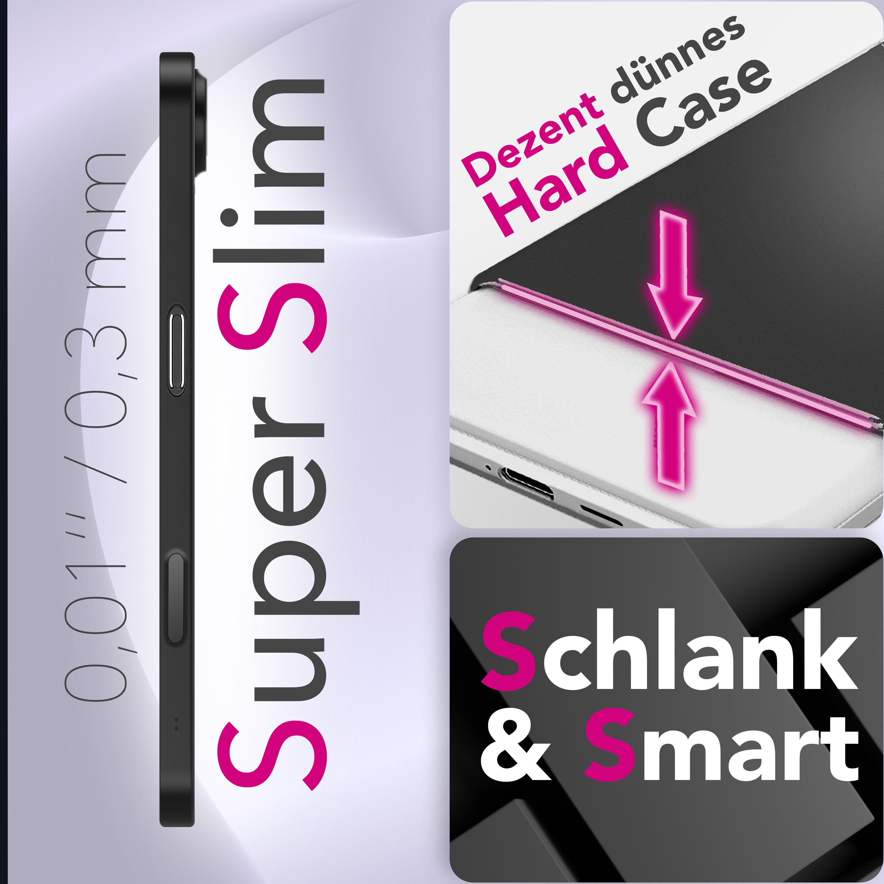 Das Bild zeigt eine Handyhülle mit Text: Super Slim, Schlank & Smart und Dezent dünnes Hard Case. Pinke Pfeile und Text sind vorhanden.
