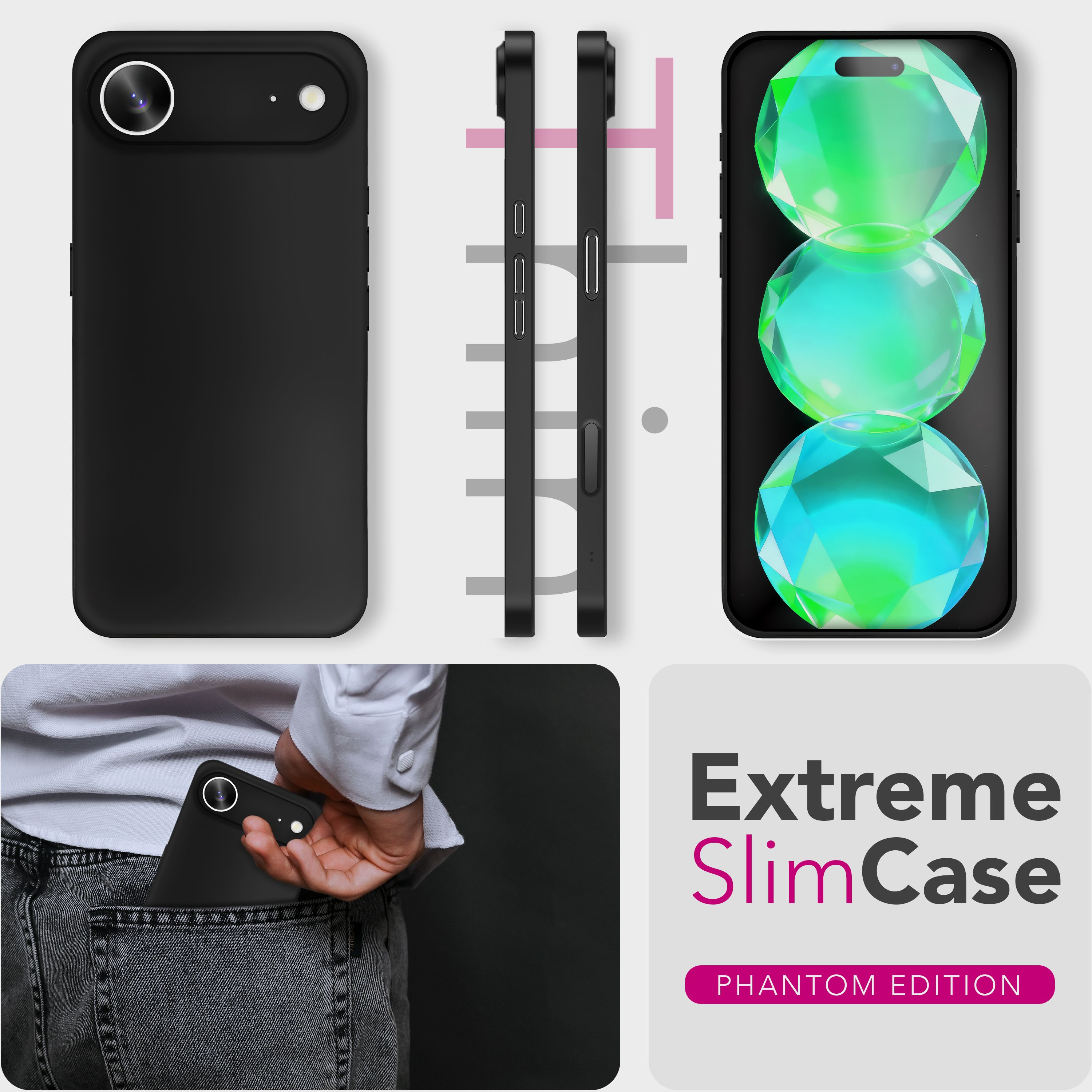 Schwarze Handyhülle mit Edelsteinen auf dem Bildschirm. Telefon in der Tasche. Extreme SlimCase Phantom Edition.