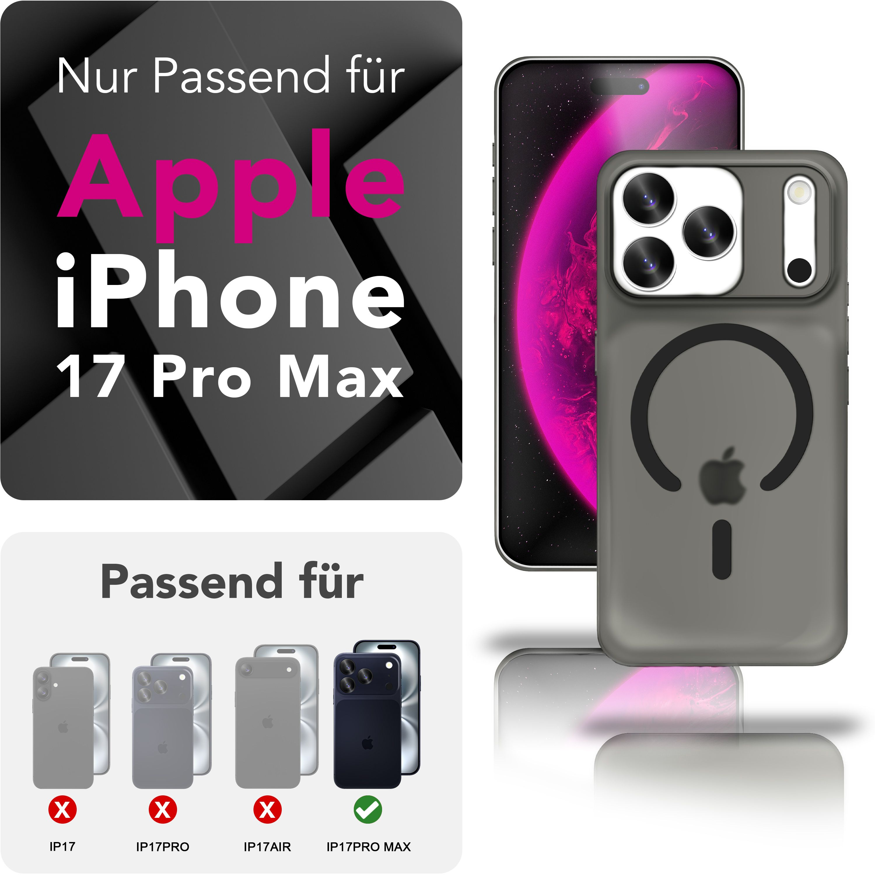 Das Bild zeigt ein iPhone mit Hülle und Text, der die Kompatibilität mit dem iPhone 17 Pro Max angibt.