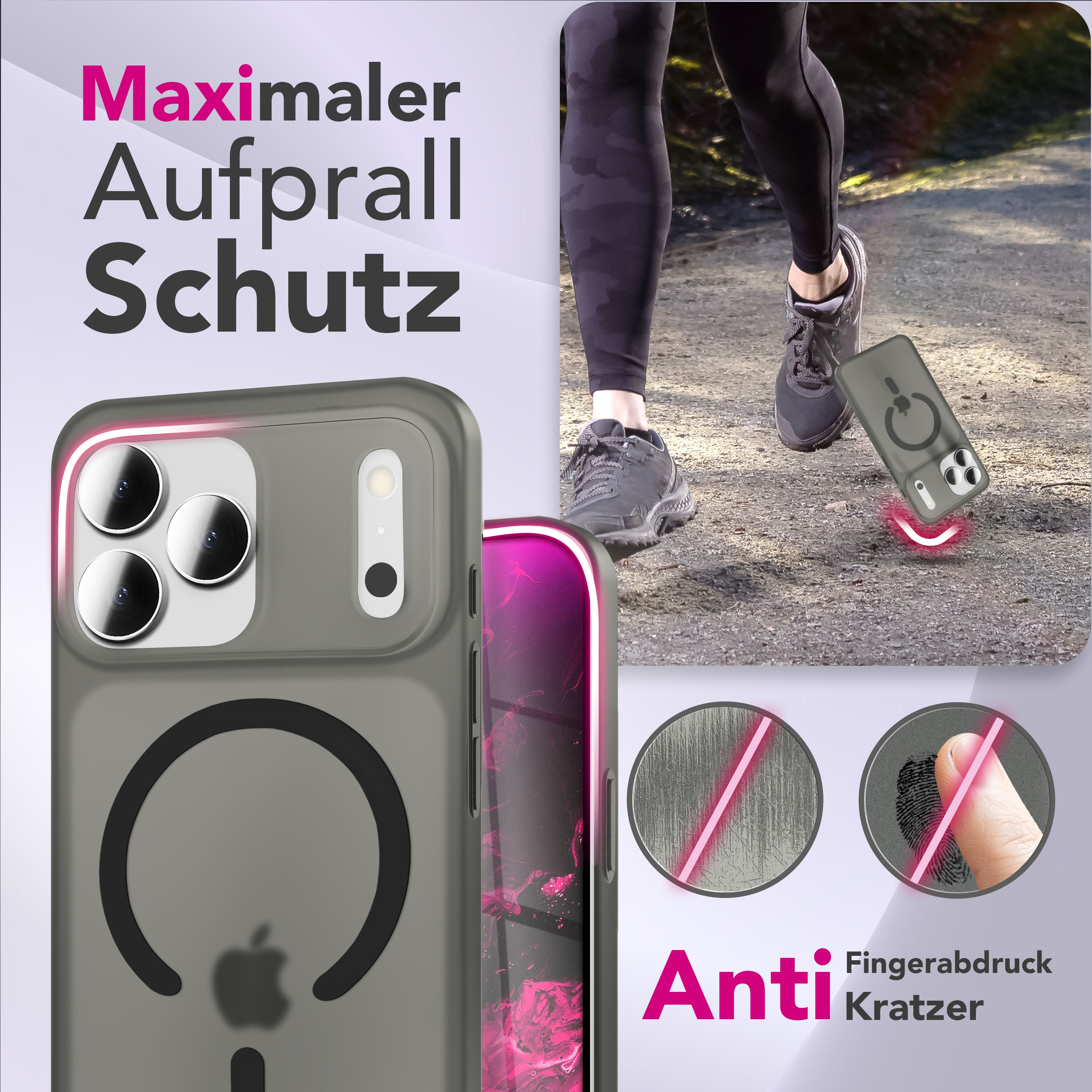 Eine Handyhülle mit Apple-Logo. Im Hintergrund läuft eine Person. Anti-Kratz- und Fingerabdruck-Etiketten sind abgebildet.