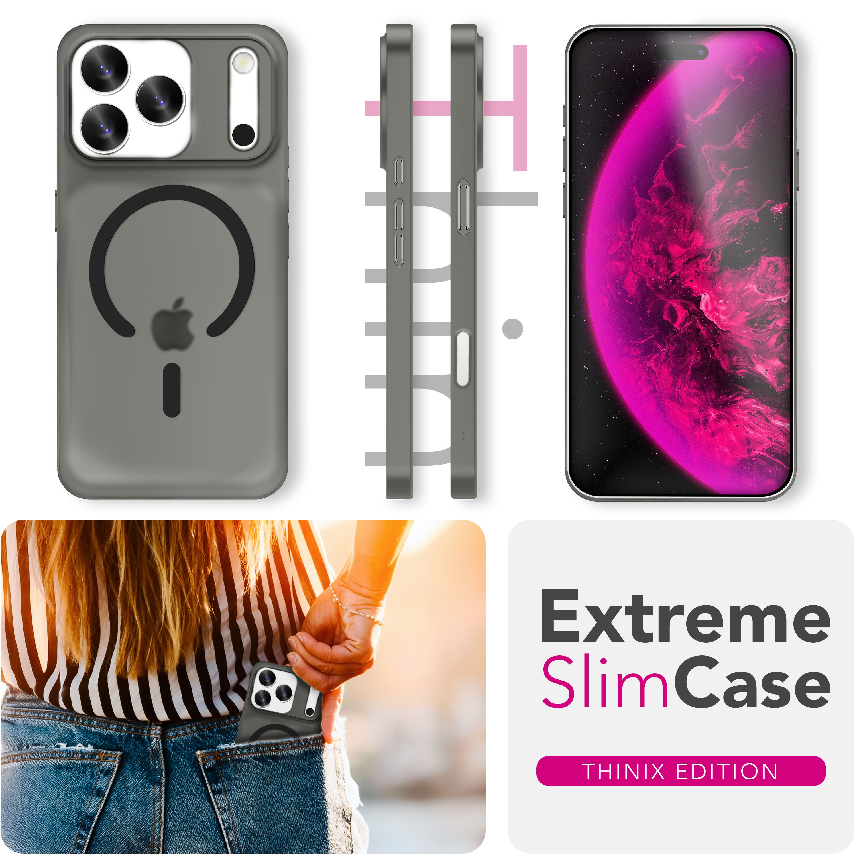 Ein iPhone in einer grauen Hülle wird gezeigt, mit einer Hand, die es aus einer Tasche zieht. Der Hintergrund enthält ein Logo.
