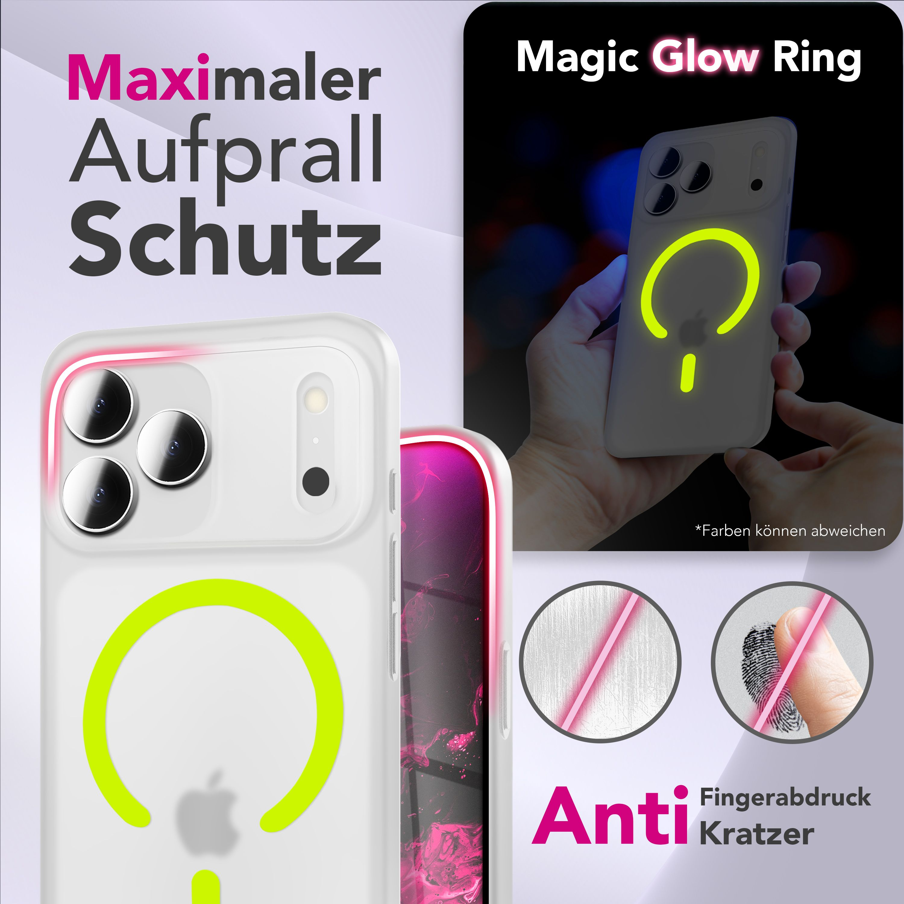 Weißes Handycase mit Leuchtring, Apple-Logo und Text 'Magic Glow Ring'. Außerdem Fingerabdruck- und Kratzfestigkeit.
