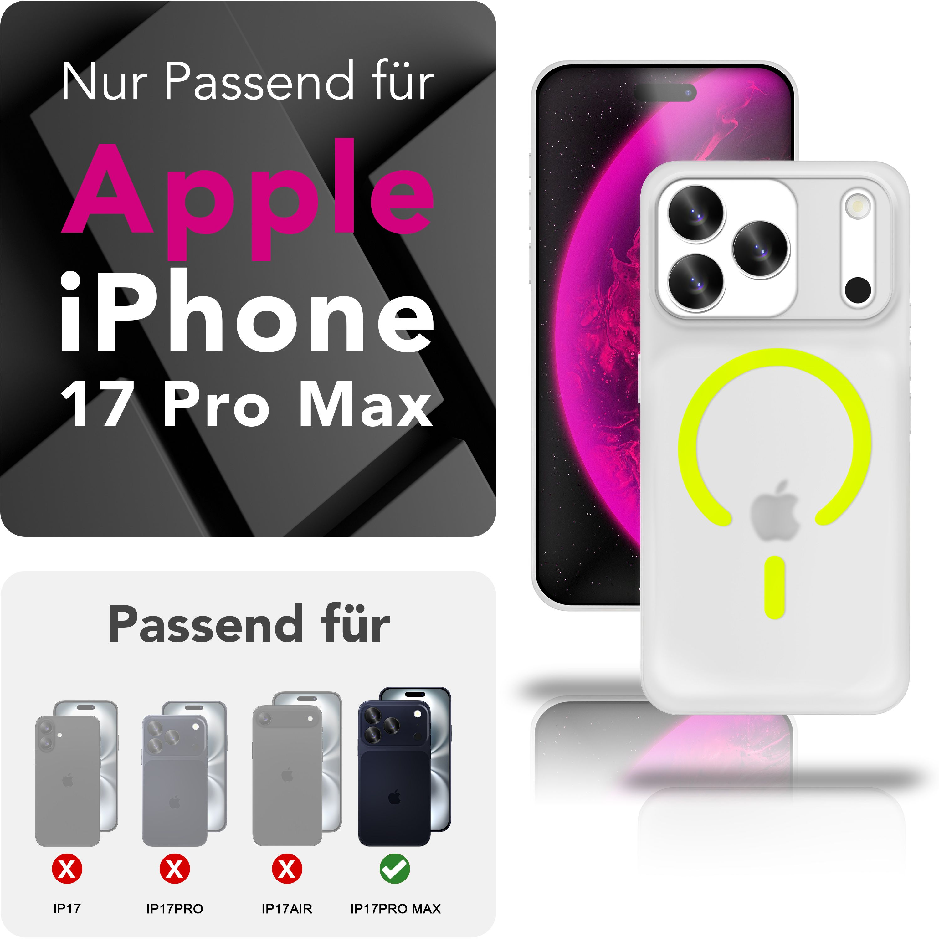 Das Bild zeigt ein iPhone und eine Hülle. Text zeigt Kompatibilität mit iPhone 17 Pro Max. Andere Modelle sind durchgestrichen.