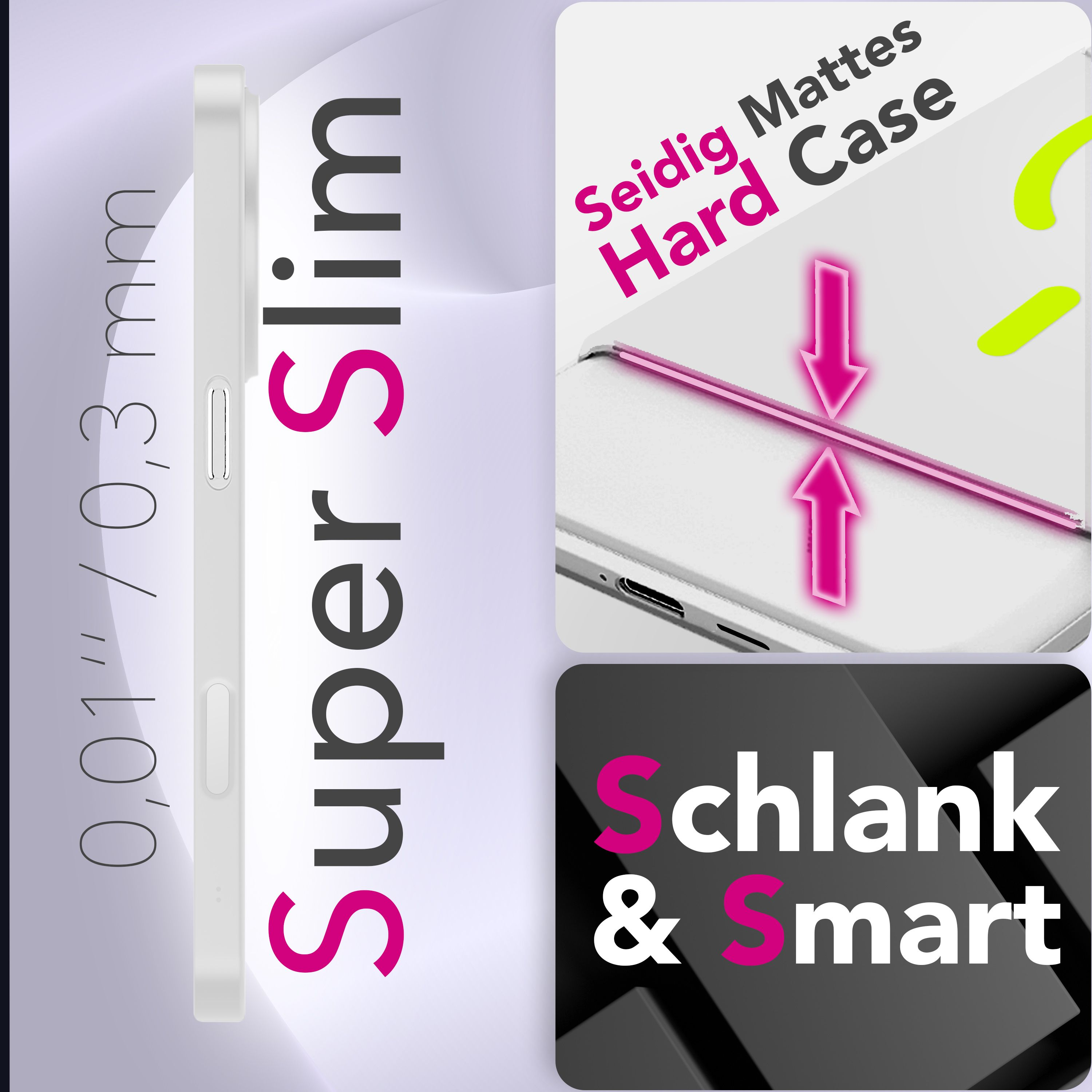 Eine weiße Handyhülle mit Text: Super Slim. Die Hülle befindet sich auf einem hellvioletten Hintergrund. Anderer Text sagt: Schlank & Smart.