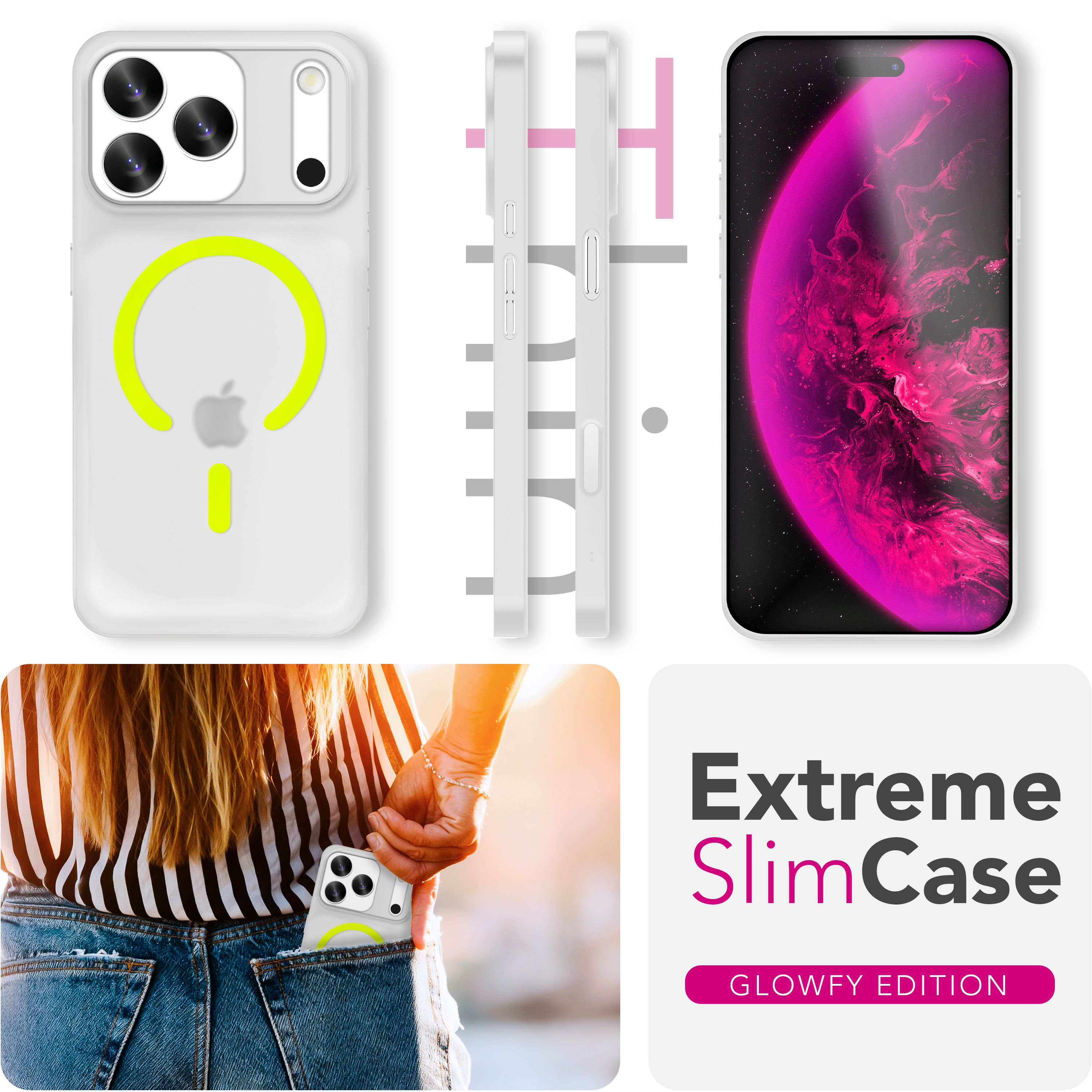 Weiße Handyhülle mit gelben Details. Telefon in der Tasche, zeigt die Hülle. Text: Extreme SlimCase, Glowfy Edition.