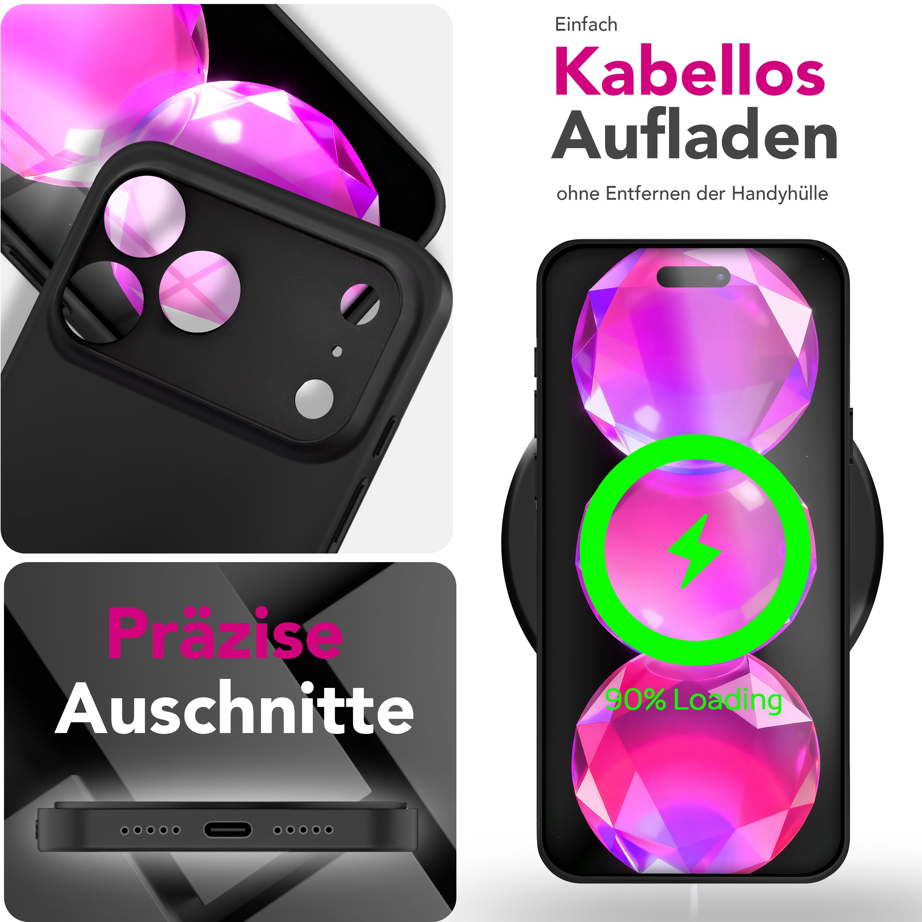 Bild eines kabellosen Ladens des Telefons. Rosafarbene, juwelenartige Formen befinden sich auf dem Telefonbildschirm. Text auf Deutsch.
