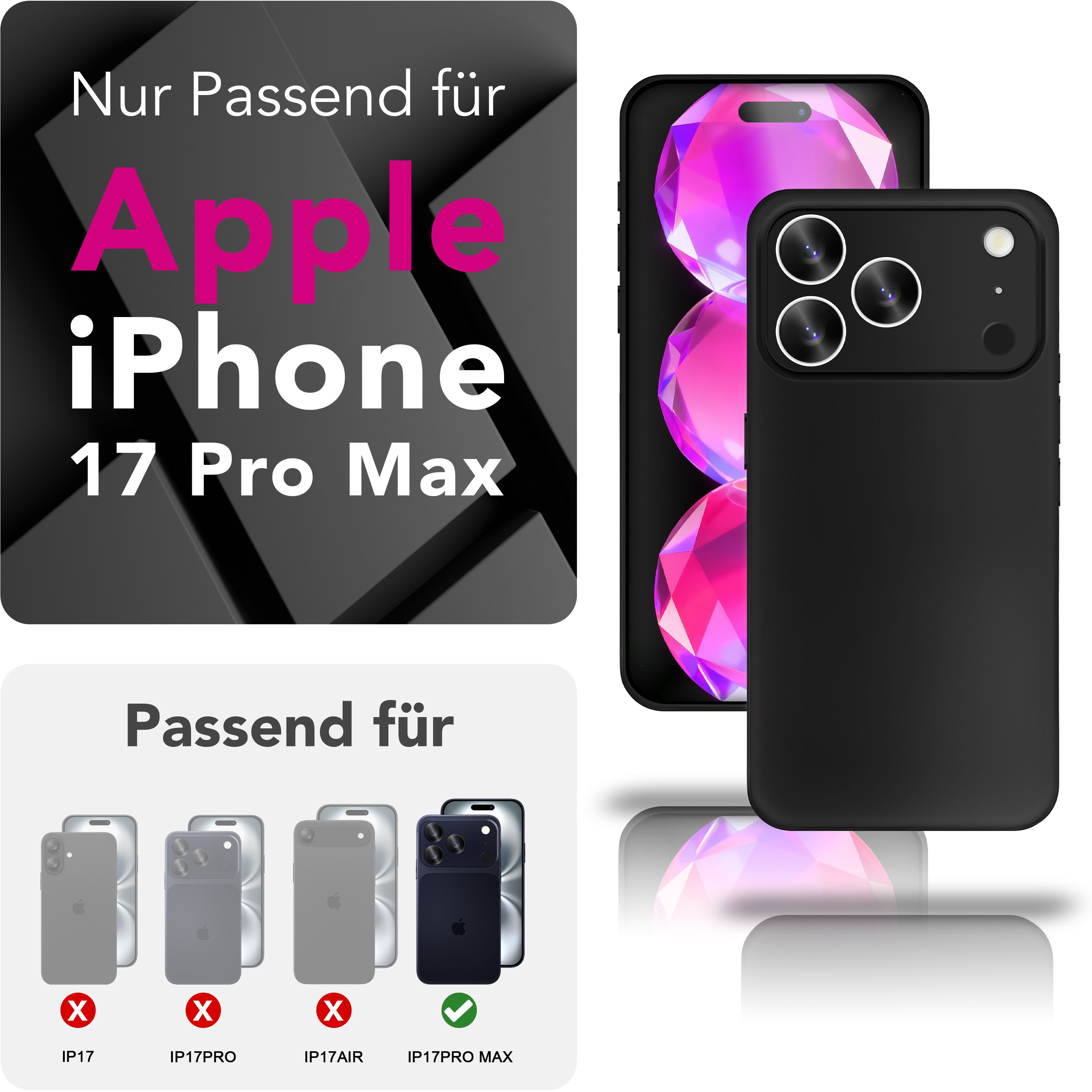 Ein Bild, das eine schwarze Handyhülle und ein iPhone zeigt, mit dem Text 'iPhone 17 Pro Max'.