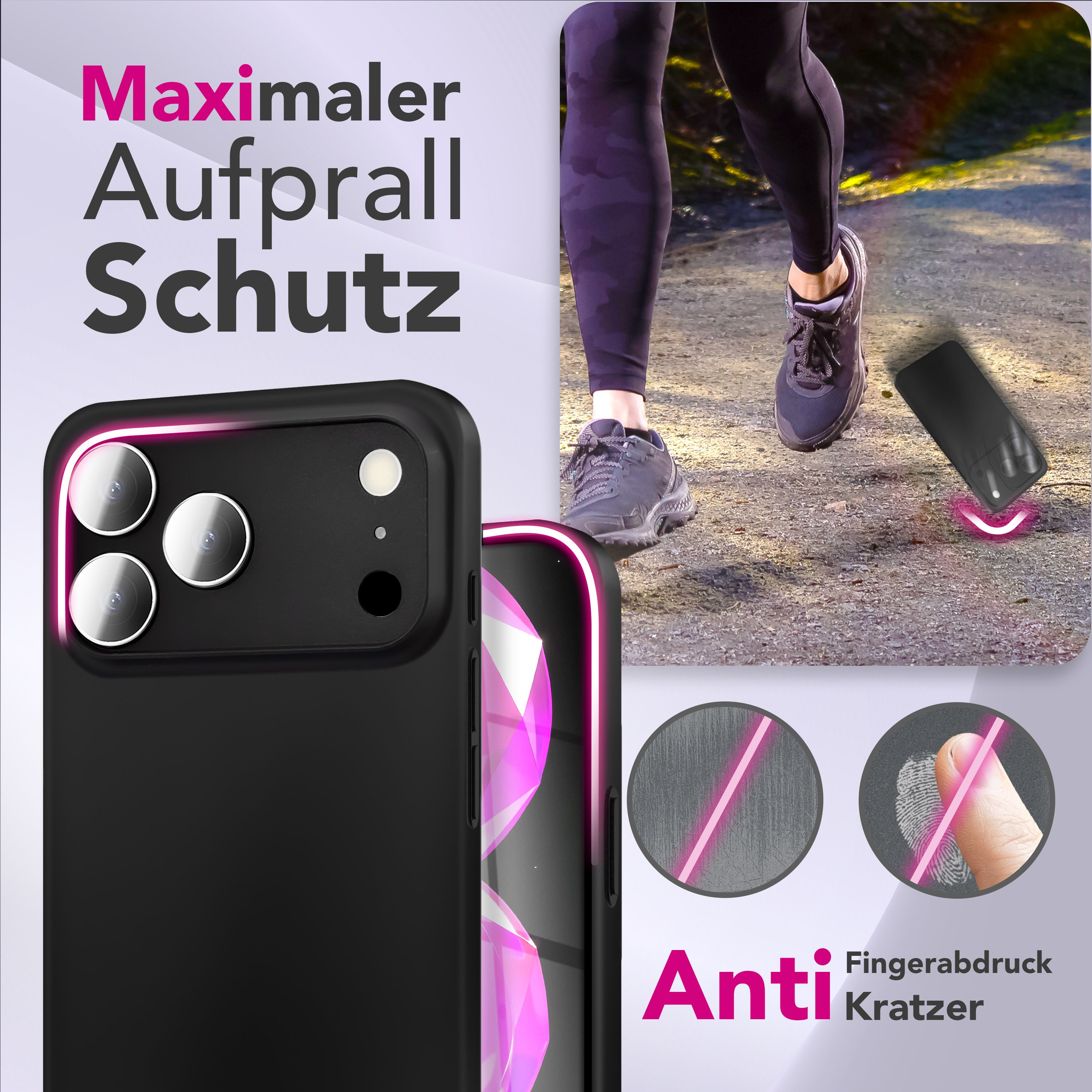 Eine schwarze Handyhülle vor einem Läufer. Die Hülle hat rosa Licht und Text. Kratz- und Fingerabdruckschutz.