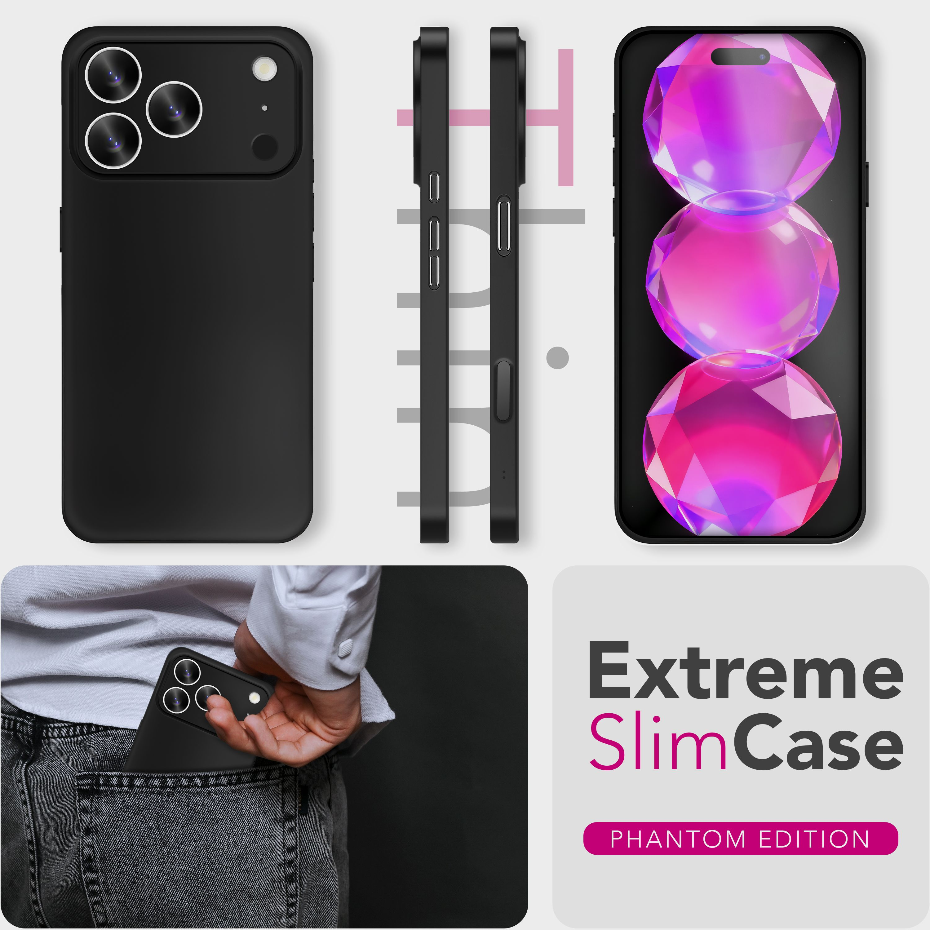 Schwarze Handyhülle mit mehreren Ansichten. Ein Telefon wird in eine Jeanstasche gesteckt. Produktname und Details werden angezeigt.