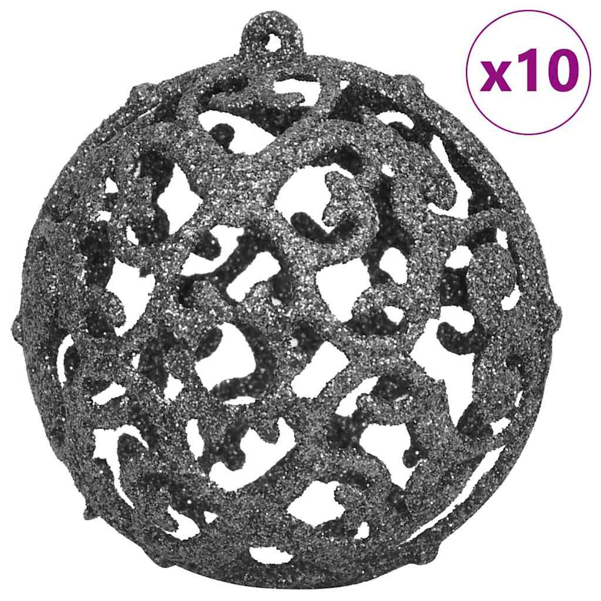 Ein funkelnder, grauer Weihnachtsschmuck mit dekorativem Openwork-Design. Der Text "x10" befindet sich in einem Kreis rechts oben.