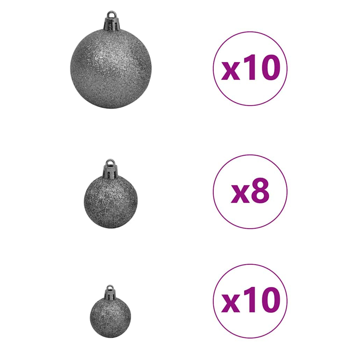 Drei graue Weihnachtskugeln mit den Mengen x10, x8 und x10 in lila Kreisen auf weißem Hintergrund.
