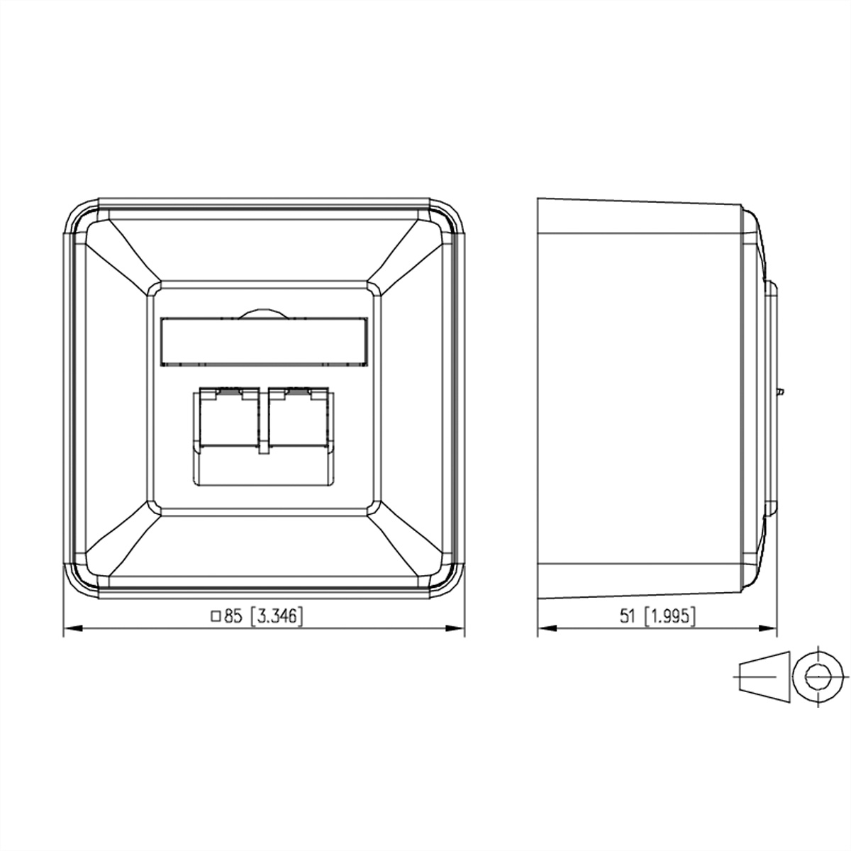 Disegno tecnico di un involucro elettrico quadrato, che mostra viste frontali, laterali e di dettaglio con dimensioni in mm e pollici.
