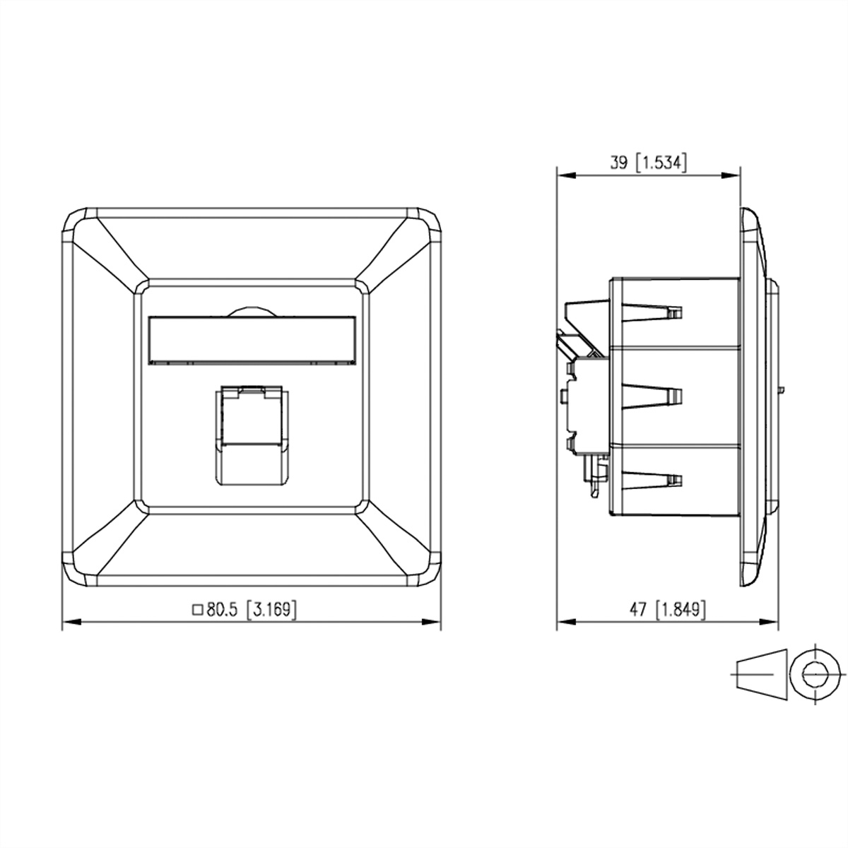 Disegno tecnico di una presa elettrica. Mostra viste frontali e laterali con dimensioni. Contiene un simbolo di spina.