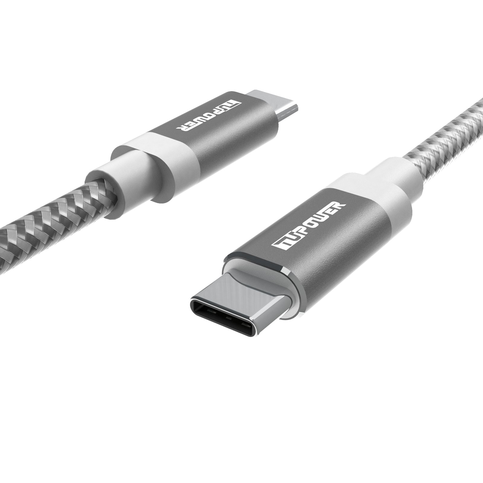 Zwei USB-C-Kabel auf weißem Hintergrund. Die Kabel sind grau mit weißen Akzenten und der Markenname "NUPower" ist sichtbar.