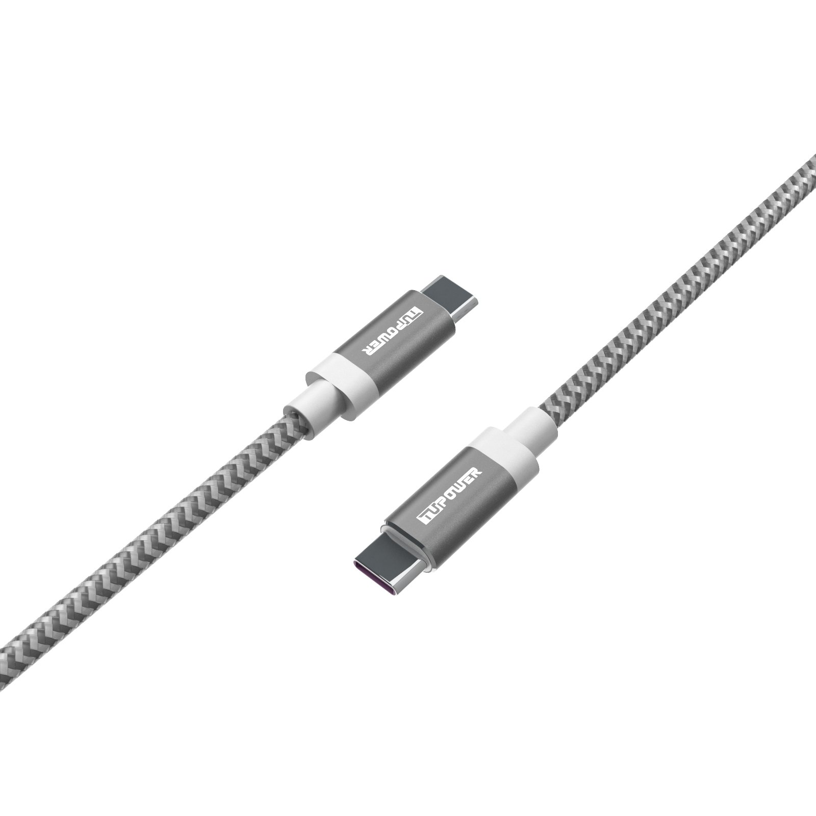 Zwei USB-C-Kabel auf Weiß. Die Kabel sind grau und weiß mit der Marke 'NUPower'. Die Anschlüsse sind sichtbar.