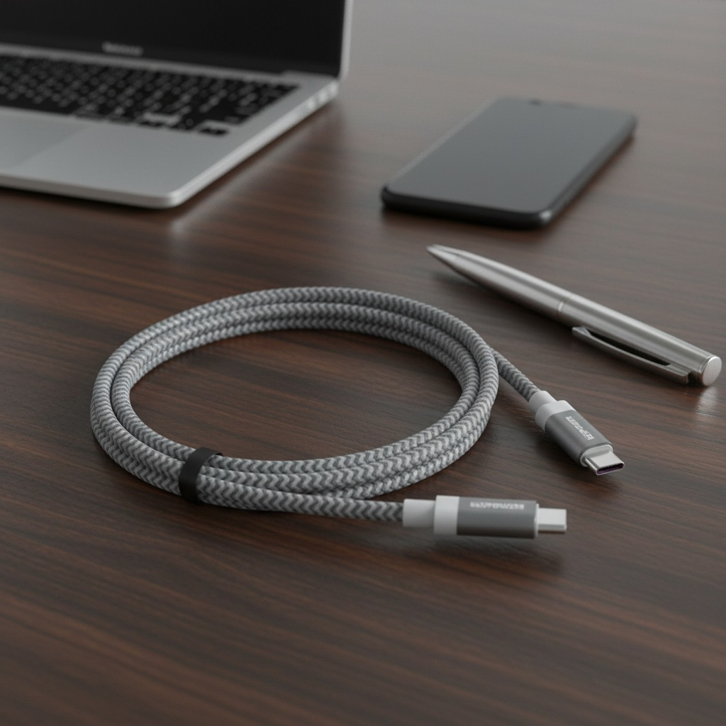 Graues USB-C-Kabel auf einem Holzschreibtisch. Laptop, Telefon und Stift im Hintergrund. Das Kabel hat ein schwarzes Band.