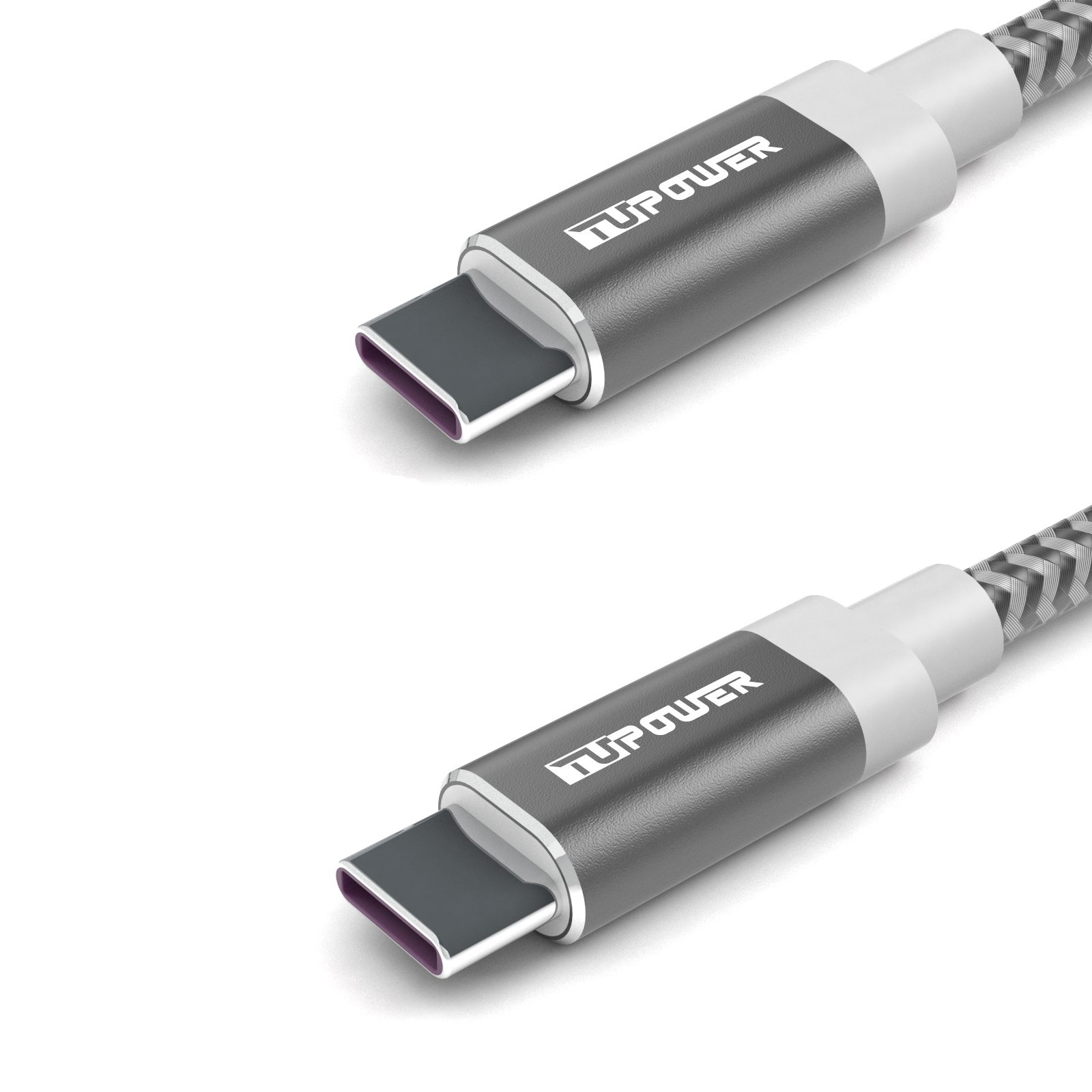 Zwei graue USB-C-Kabel mit 'TUPower'-Logo auf weißem Hintergrund. Die Kabelspitzen haben ein lila Inneres.