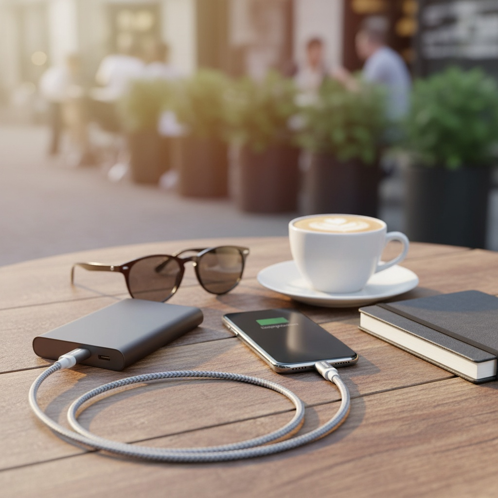Holztisch mit Sonnenbrille, ladendem Handy, Kaffee, Notizbuch und Powerbank. Hintergrund: Café mit Leuten.