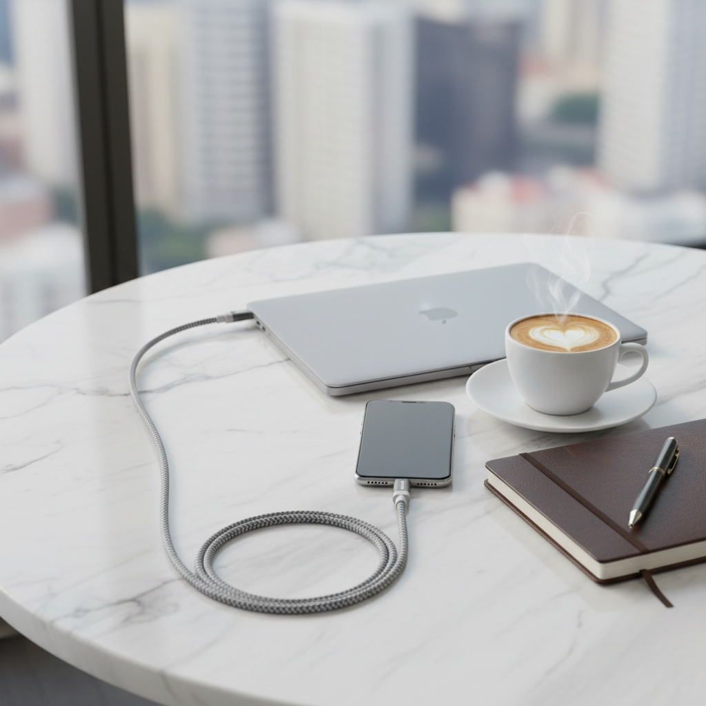 Laptop, Telefon und Kaffeetasse auf einem Tisch. Kabel verbindet Telefon und Laptop. Notizbuch und Stift sind ebenfalls sichtbar.