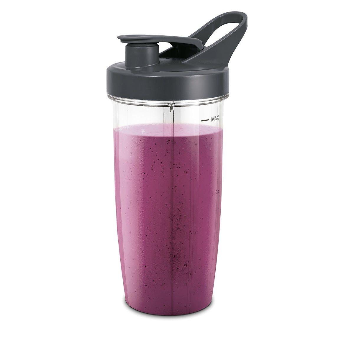 Un vaso de batido transparente con tapa y asa gris oscuro. El vaso está lleno de un batido morado.