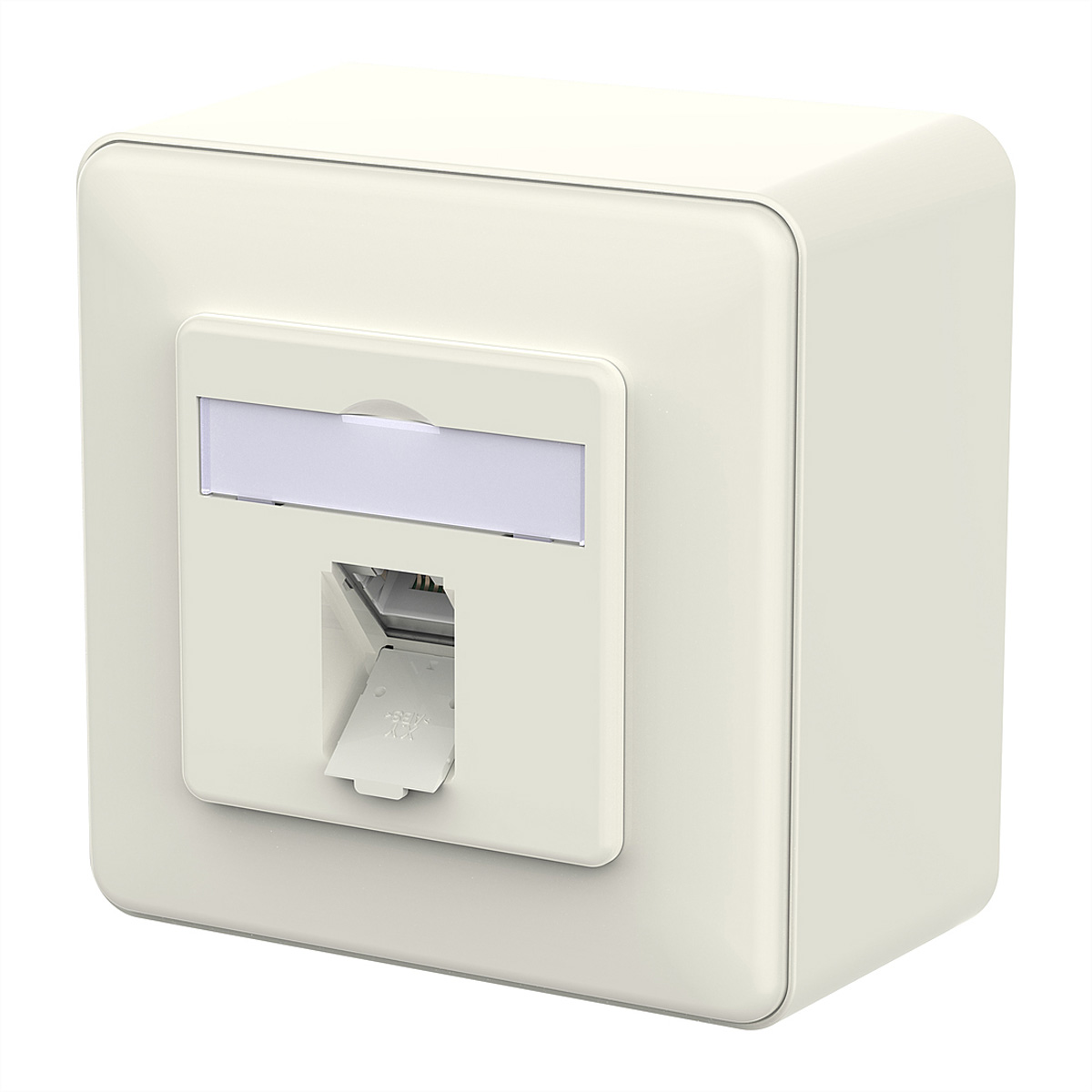 Una presa a muro color crema con placca frontale rettangolare. Ha un'area centrale incassata con una porta e un piccolo coperchio bianco.