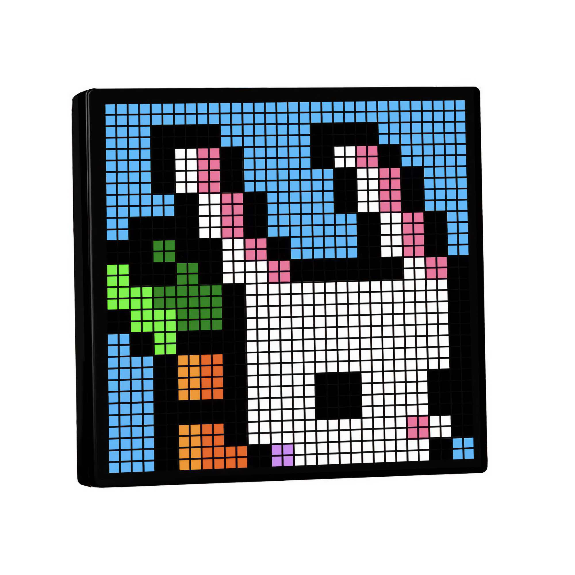 Pixelkunst eines weißen Kaninchens mit rosa Ohren und einer grünen Karotte auf blauem Hintergrund, in einem schwarzen Rahmen.