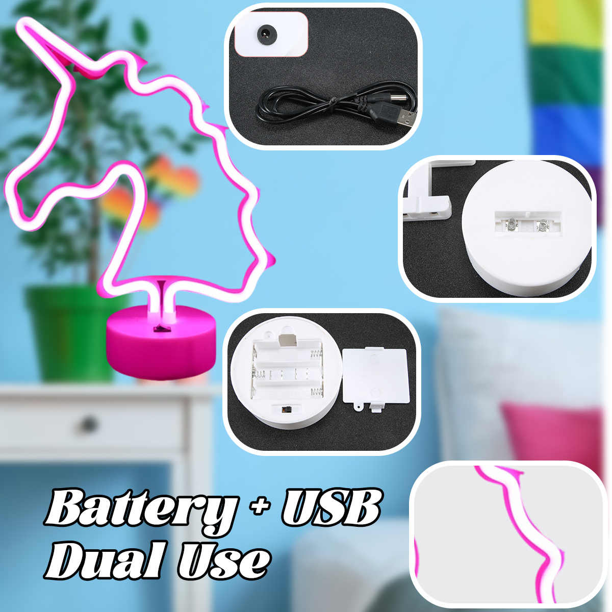 Eine Neon-Einhorn-Lampe. Details zeigen USB, Batterien und Nahaufnahmen. Text: Batterie + USB Dual Use.