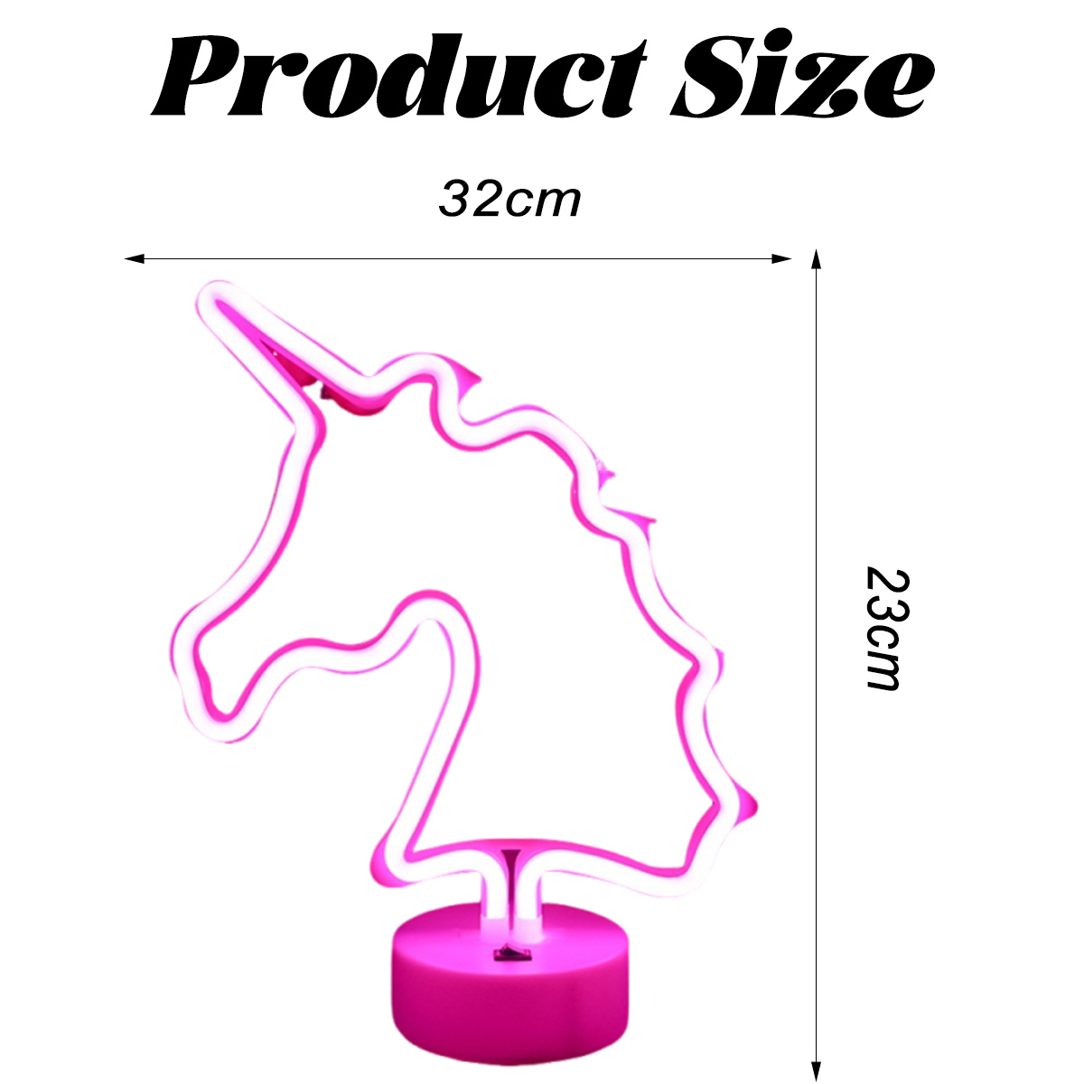 Ein Neon-Einhornlicht mit Maßen. Das Einhorn ist rosa mit weißem Umriss. Der Sockel ist ebenfalls rosa. Abmessungen: 32cm x 23cm.