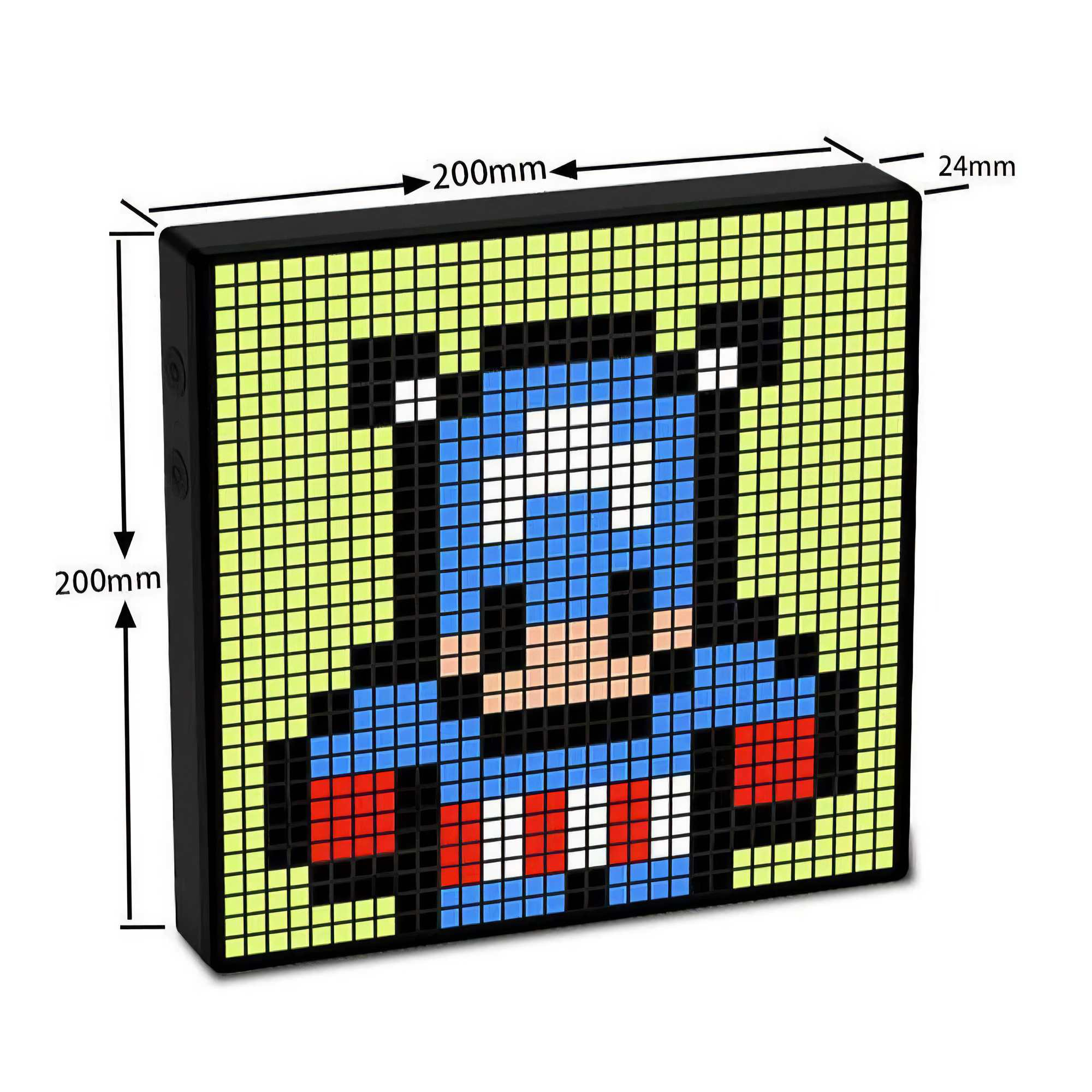 Pixel-Art-Darstellung von Captain America auf einem schwarz gerahmten Display. Der Held trägt seine Uniform, der Hintergrund ist gelb.