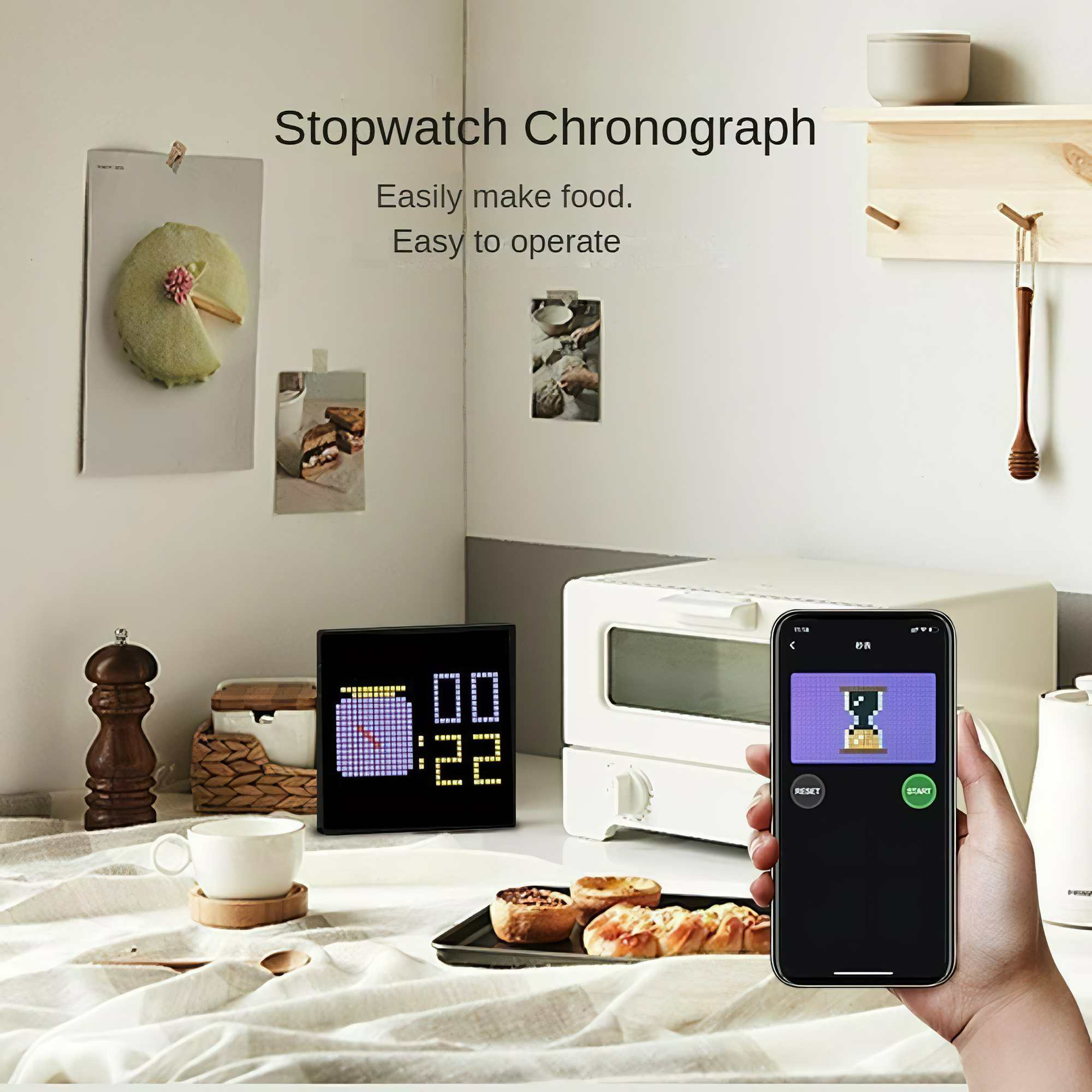 Eine Küchenszene mit einer Stoppuhr, einem Telefon, Essen und einem Toaster. Eine Hand hält ein Telefon mit einer Timer-App.