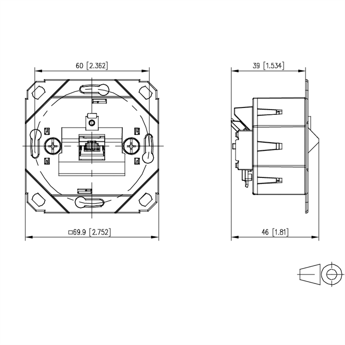 Disegno tecnico di un componente elettrico con dimensioni. Mostra viste dall'alto e laterali, con misure in mm e pollici.