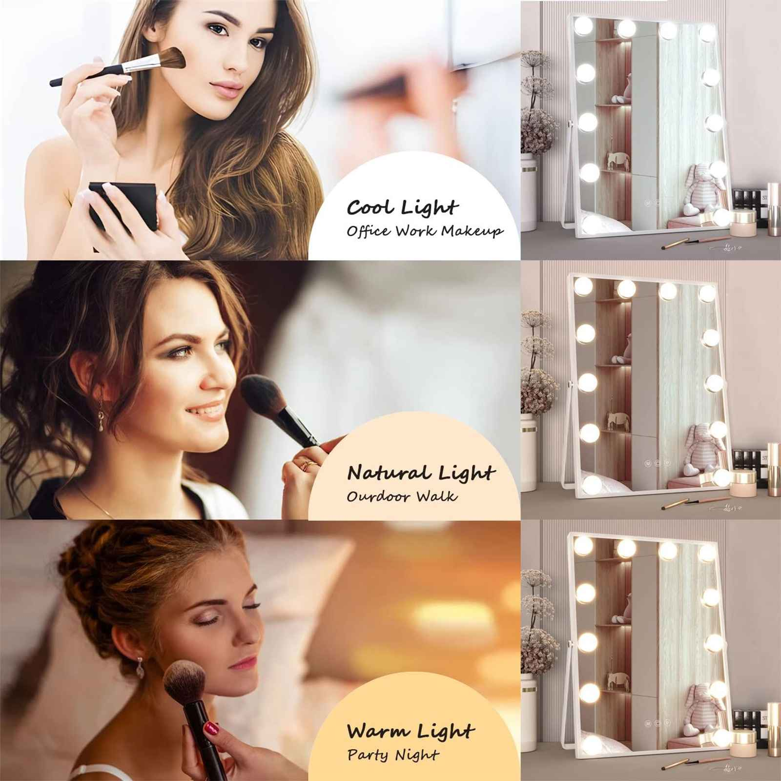 Das Bild zeigt Frauen, die sich schminken, mit einem beleuchteten Spiegel. Textüberlagerungen zeigen 'Cool', 'Natural' und 'Warm' Lichteinstellungen an.