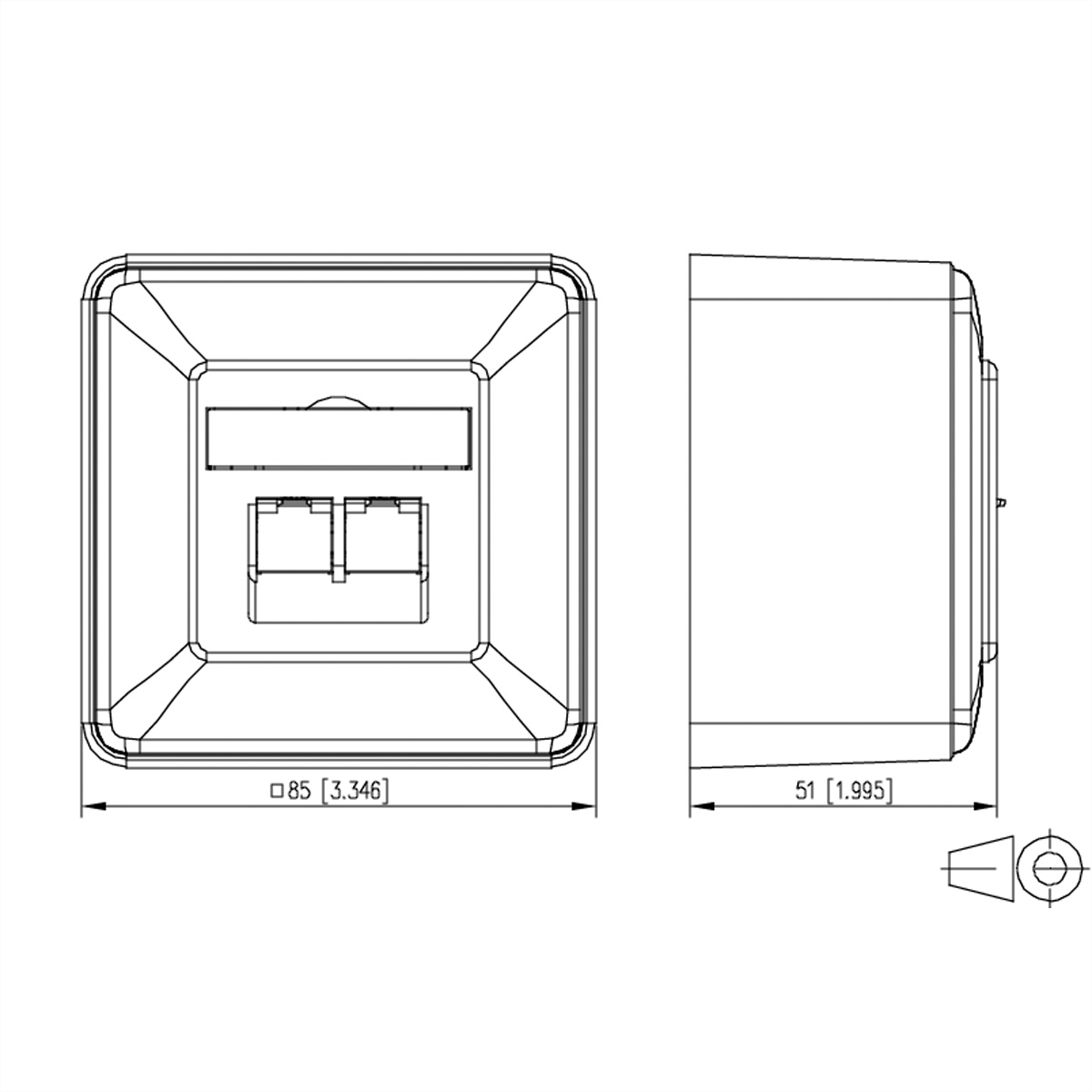 Disegno tecnico di una scatola elettrica quadrata, viste frontale e laterale, con dimensioni. È raffigurata anche una piccola vite.