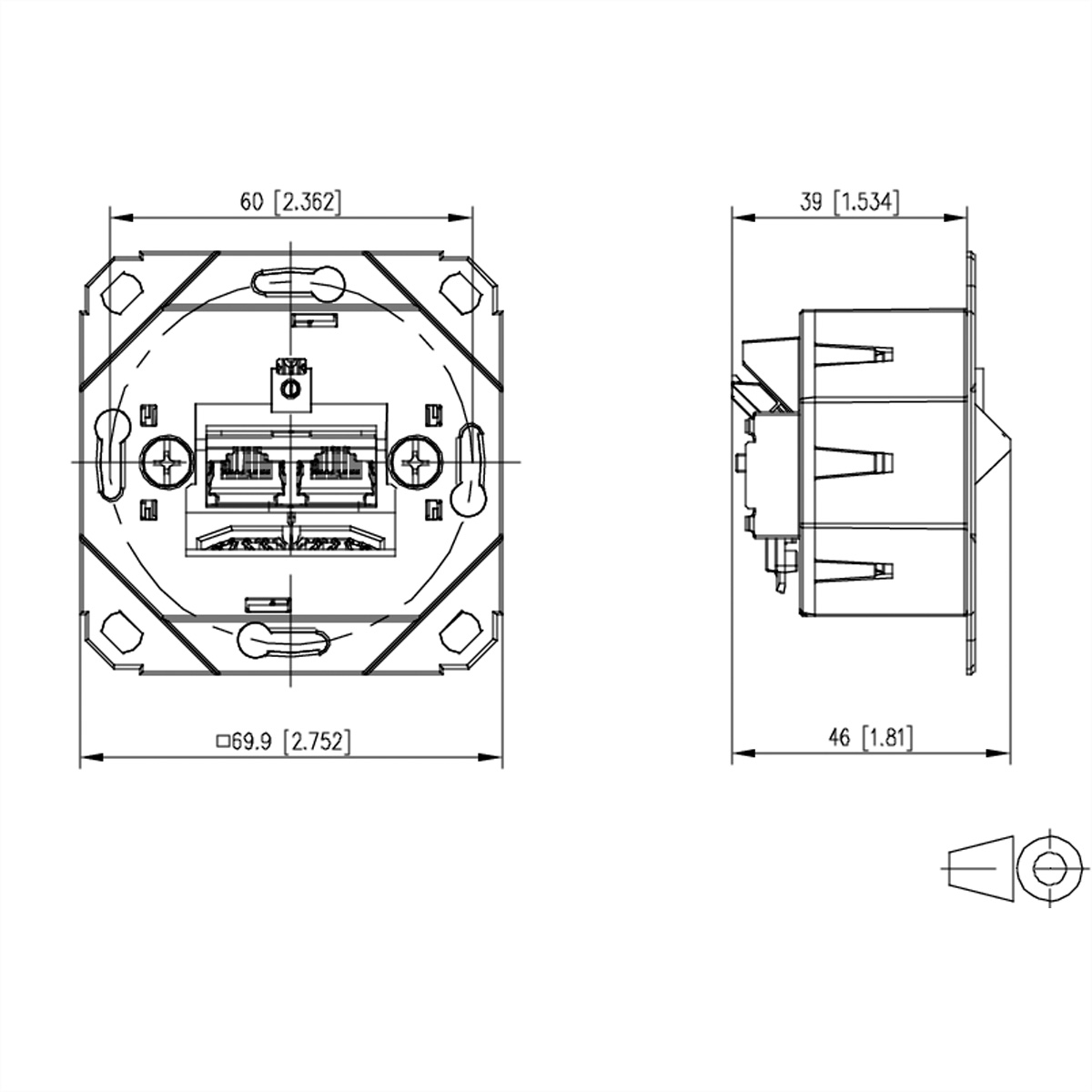 Disegno tecnico di un componente elettrico con dimensioni in mm e pollici. Include viste frontali e laterali.