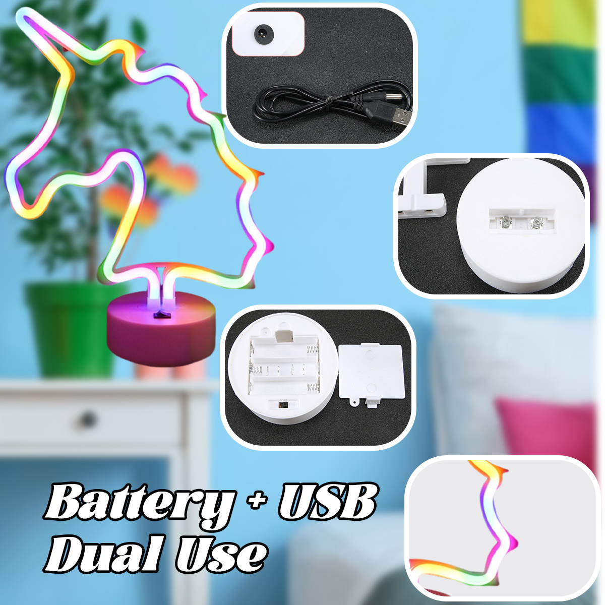 Ein Einhorn-Neonlicht mit Regenbogenumriss. Es hat USB- und Batterie-Dual-Use-Optionen, die mit Komponenten gezeigt werden.