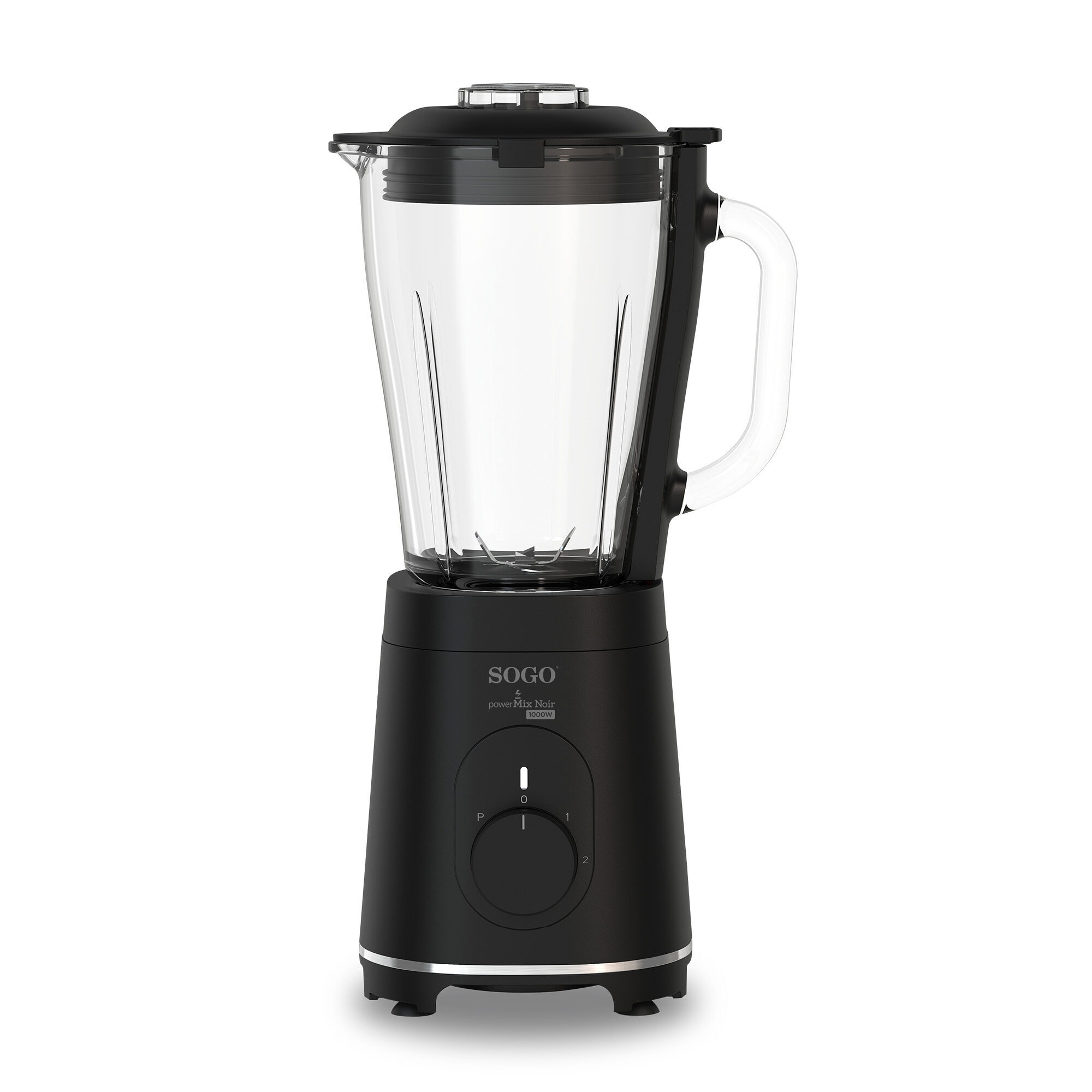 Licuadora negra SOGO sobre blanco. Tiene un vaso de vidrio y una base negra con un dial de control.