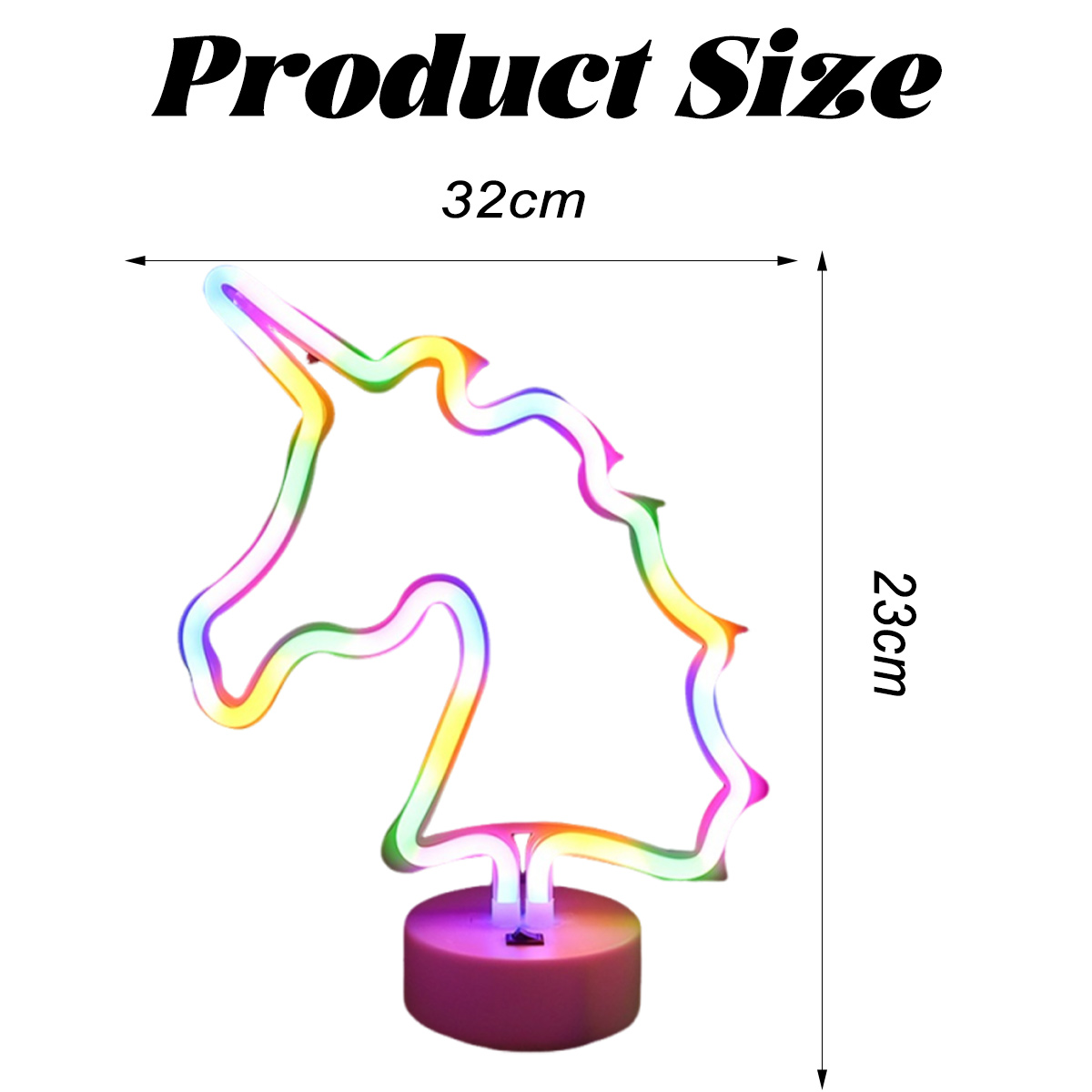 Ein Neon-Einhorn-Licht. Es hat Regenbogenfarben. Produktgröße: 32 cm breit, 23 cm hoch.