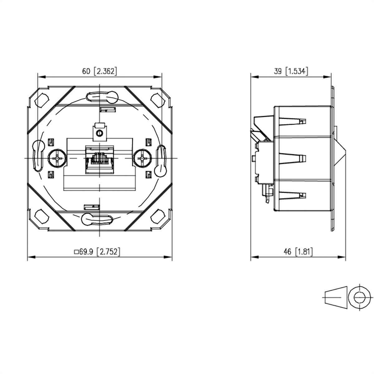 Disegno tecnico di un componente elettrico quadrato con dimensioni. Include viste laterali e dall'alto. Linee nere su sfondo bianco.