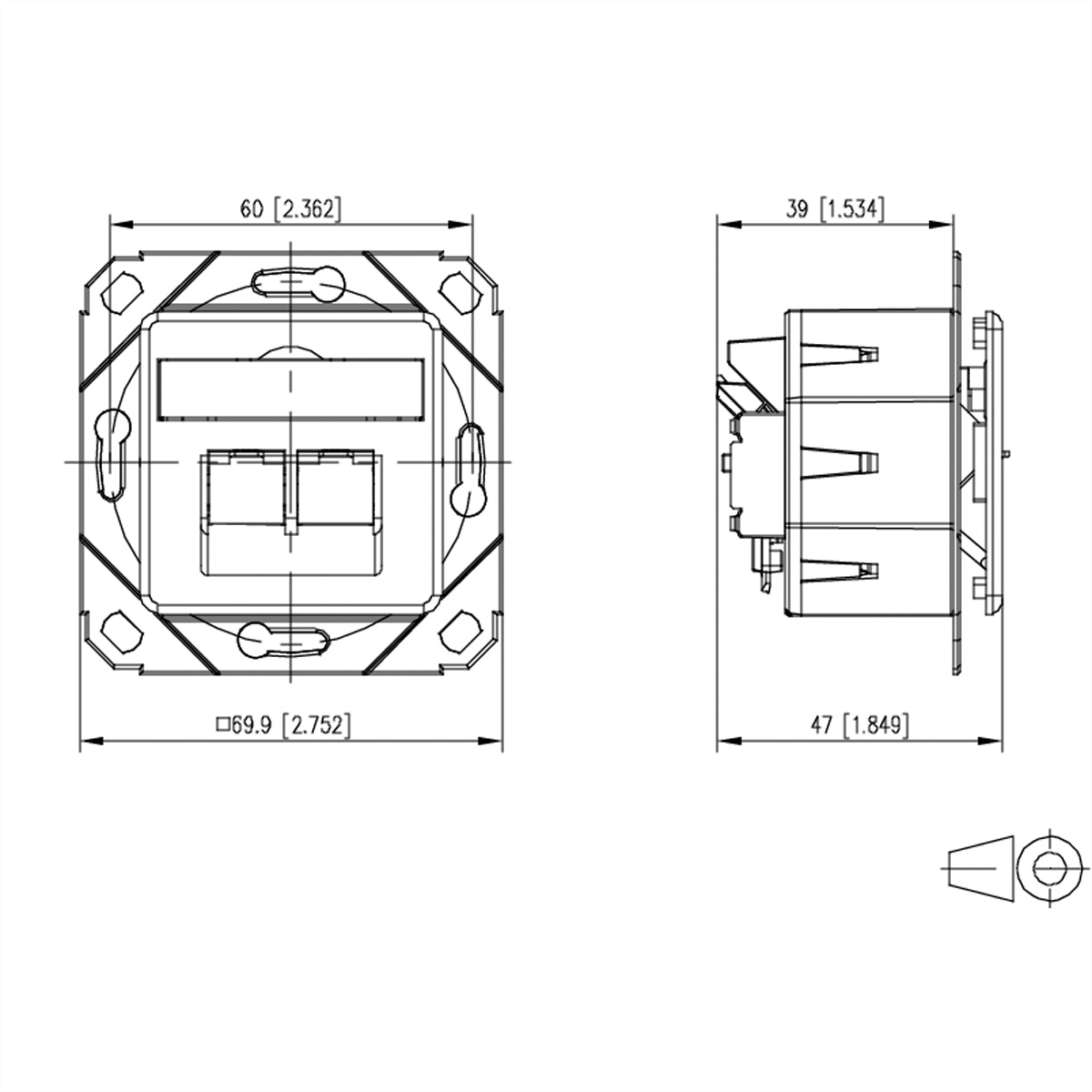 Disegno tecnico di un componente elettrico, viste frontali e laterali con dimensioni in mm e pollici.