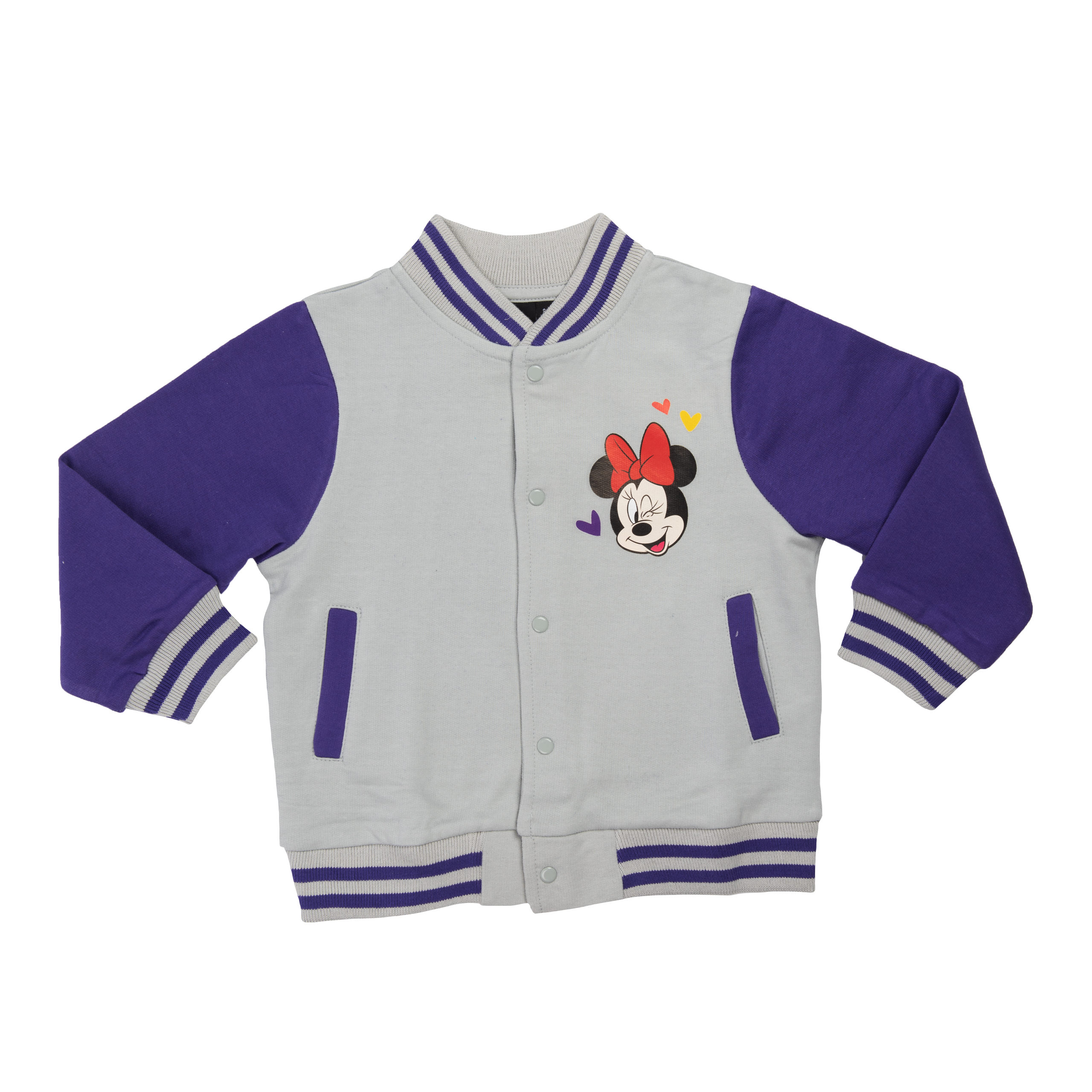 Hellgraue Bomberjacke mit lila Ärmeln. Minnie Mouse ist auf der Vorderseite. Die Jacke hat lila und weiße Streifen.