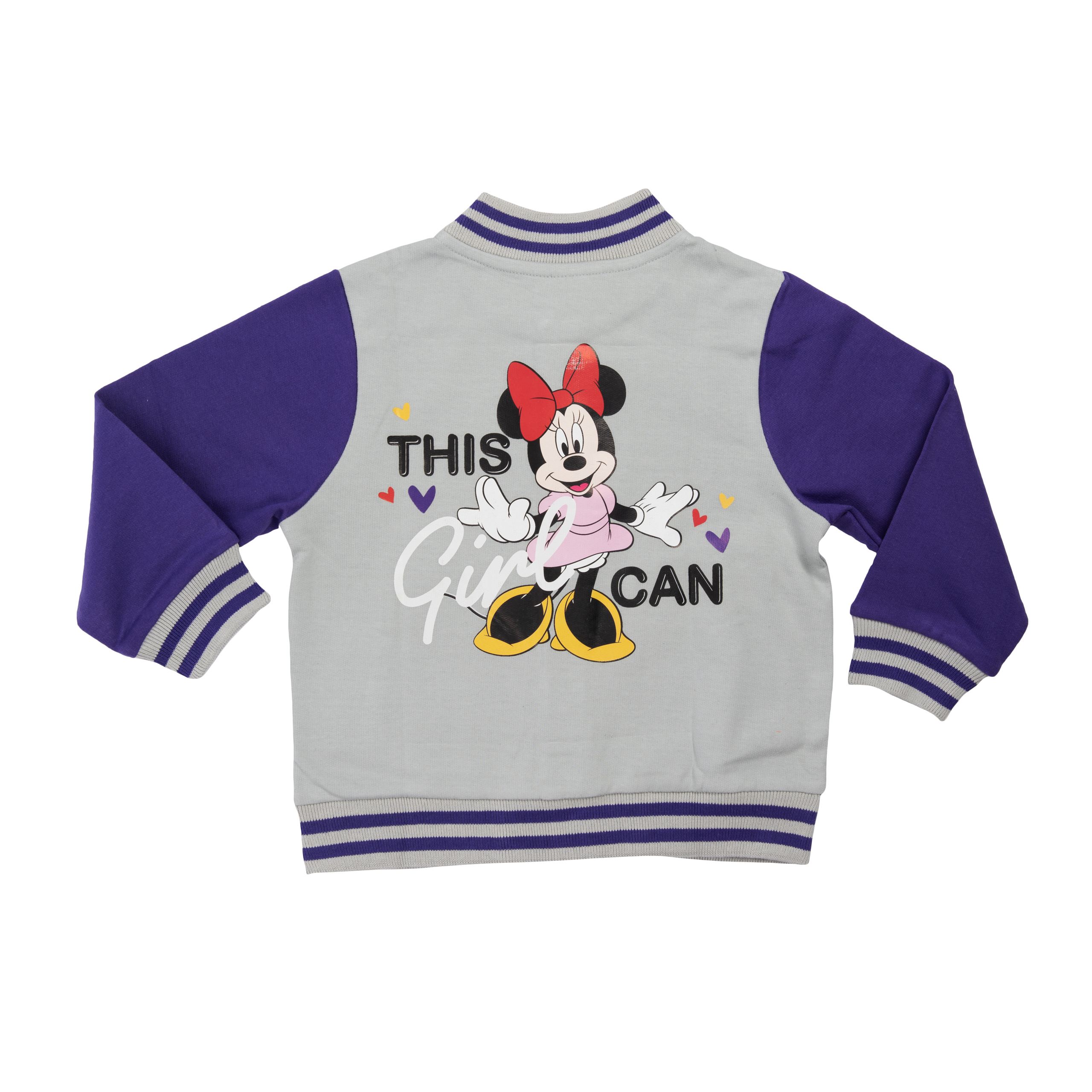 Graue Jacke mit lila Ärmeln. Minnie Mouse-Aufdruck mit 'This Girl Can'. Rote Schleife, schwarze Schuhe.